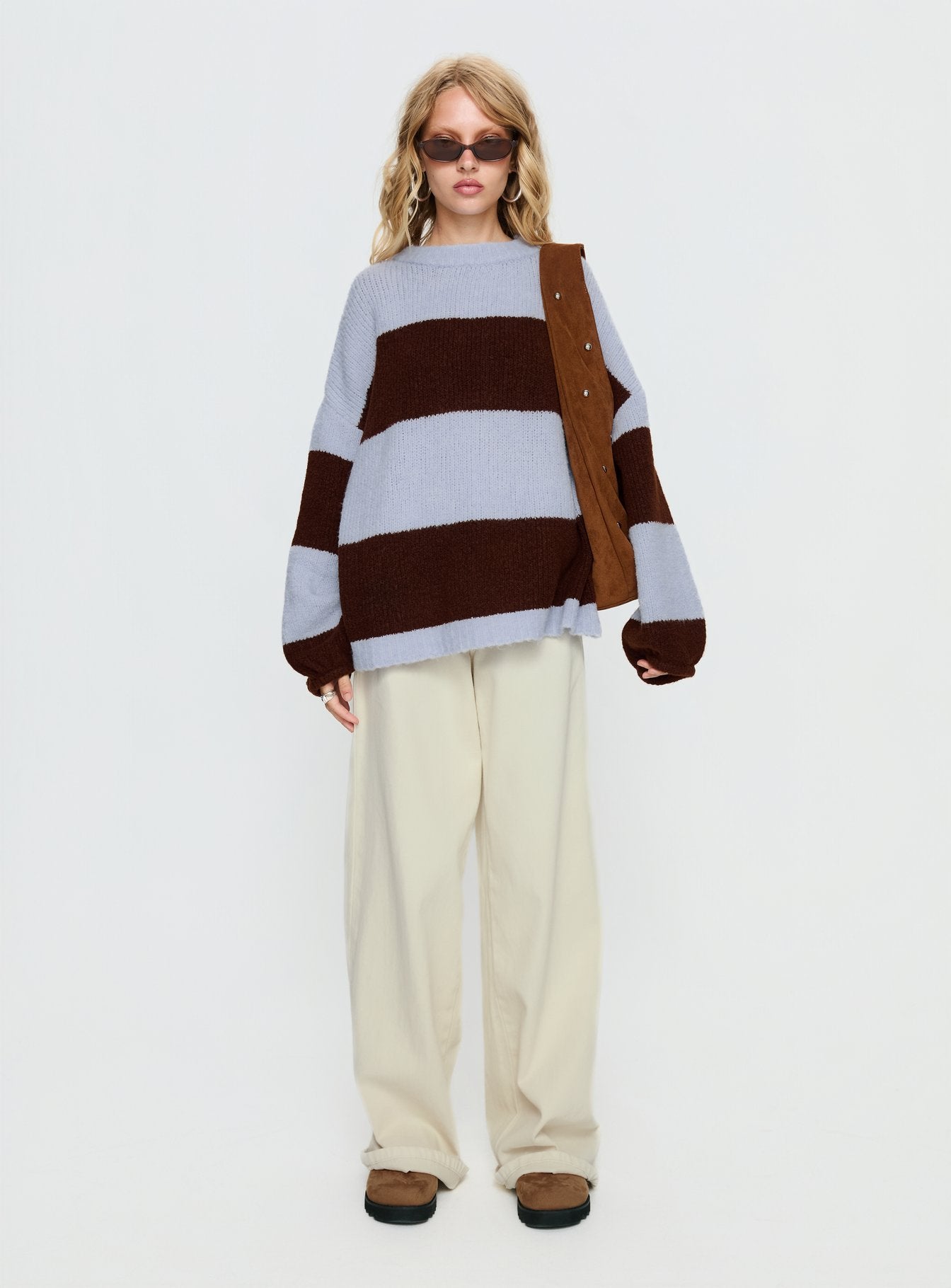 Bastien Crew Neck Knit Sweater Blue / Chocolate Stripe - Image 7