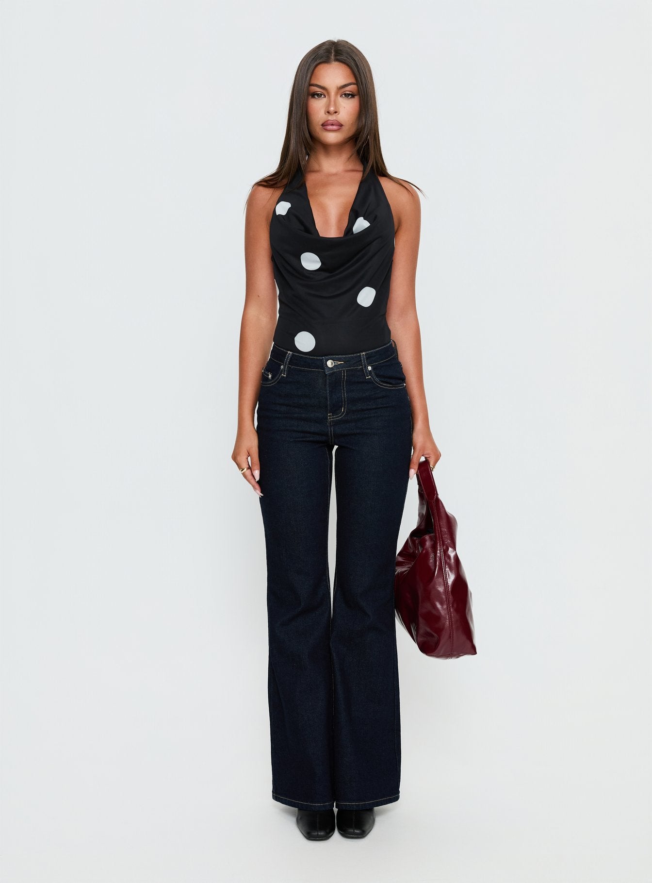 Cleona Plunge Neck Bodysuit Black Polka - Image 7