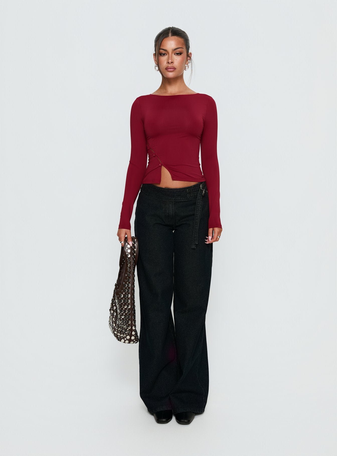Crowded Room Button Up Long Sleeve Top Wine - Image 7