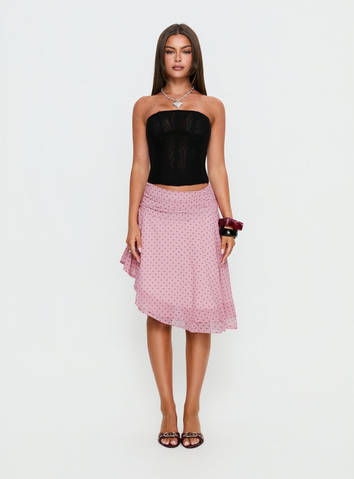 Evanescence Asymmetrical Midi Skirt Pink Polka Dot - Image 7