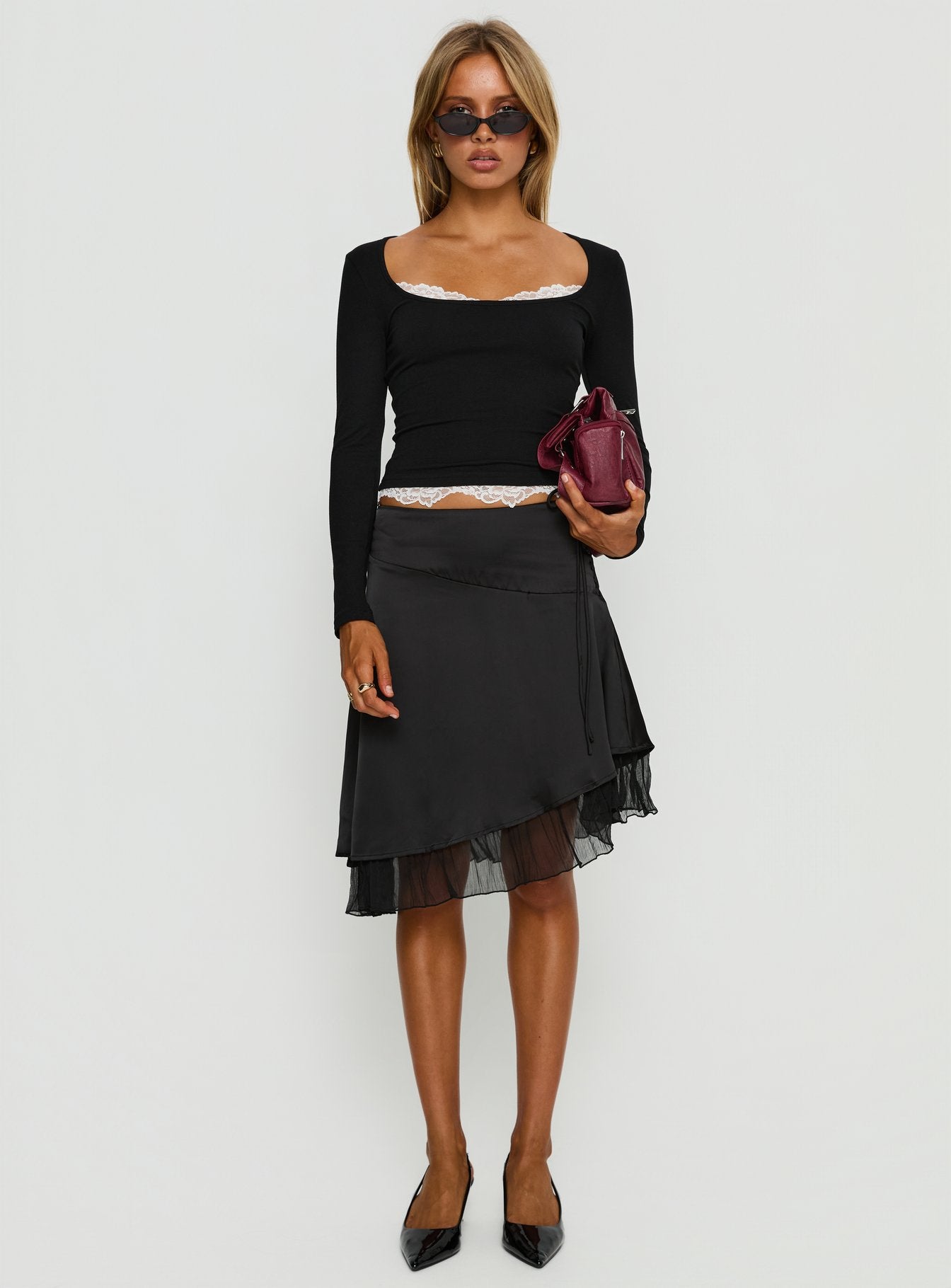 Falling Through Lace Detail Long Sleeve Top Black - Image 6