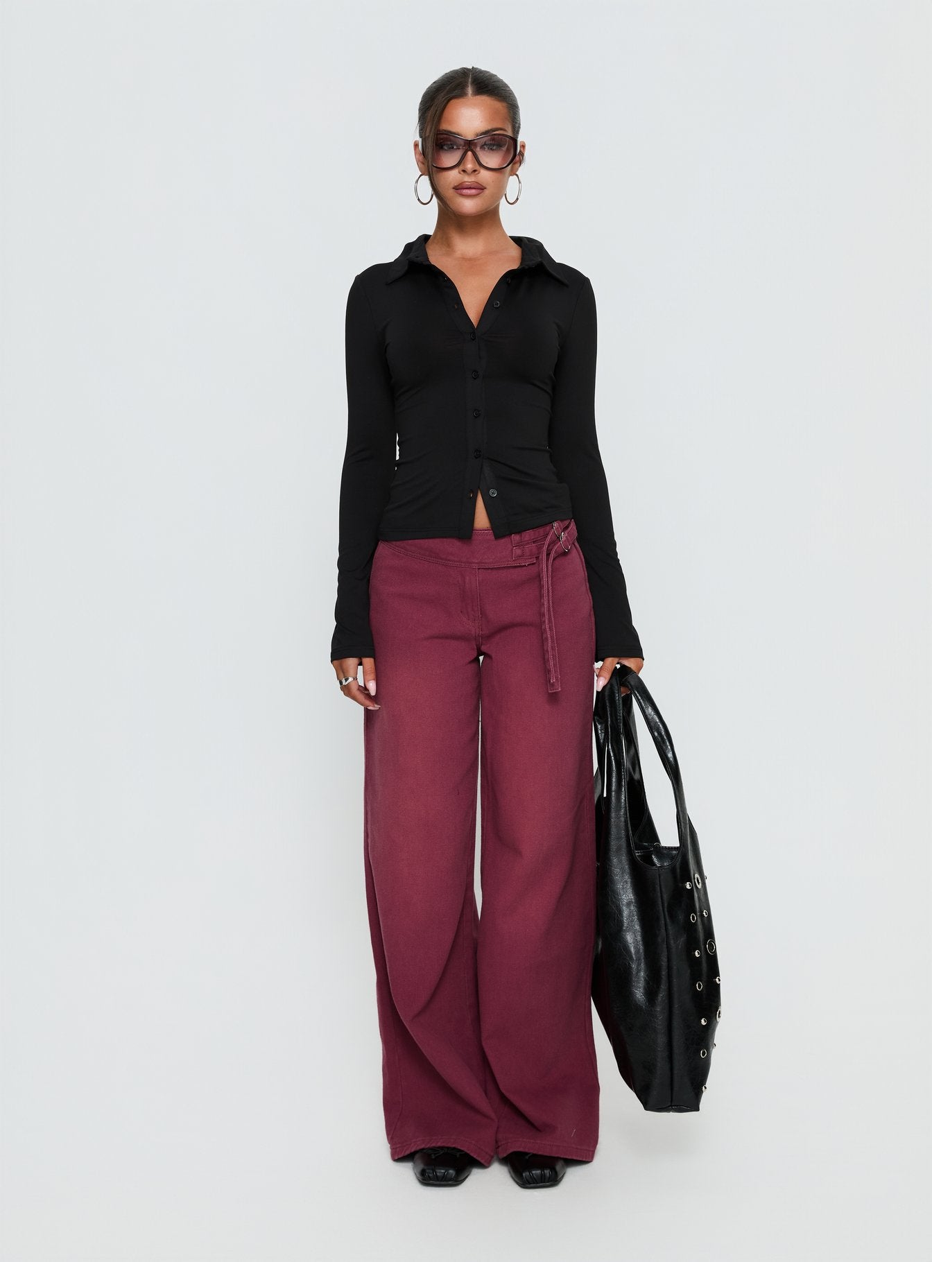 Boxie Mid Rise Wide Leg Jeans Washed Burgundy - Image 7