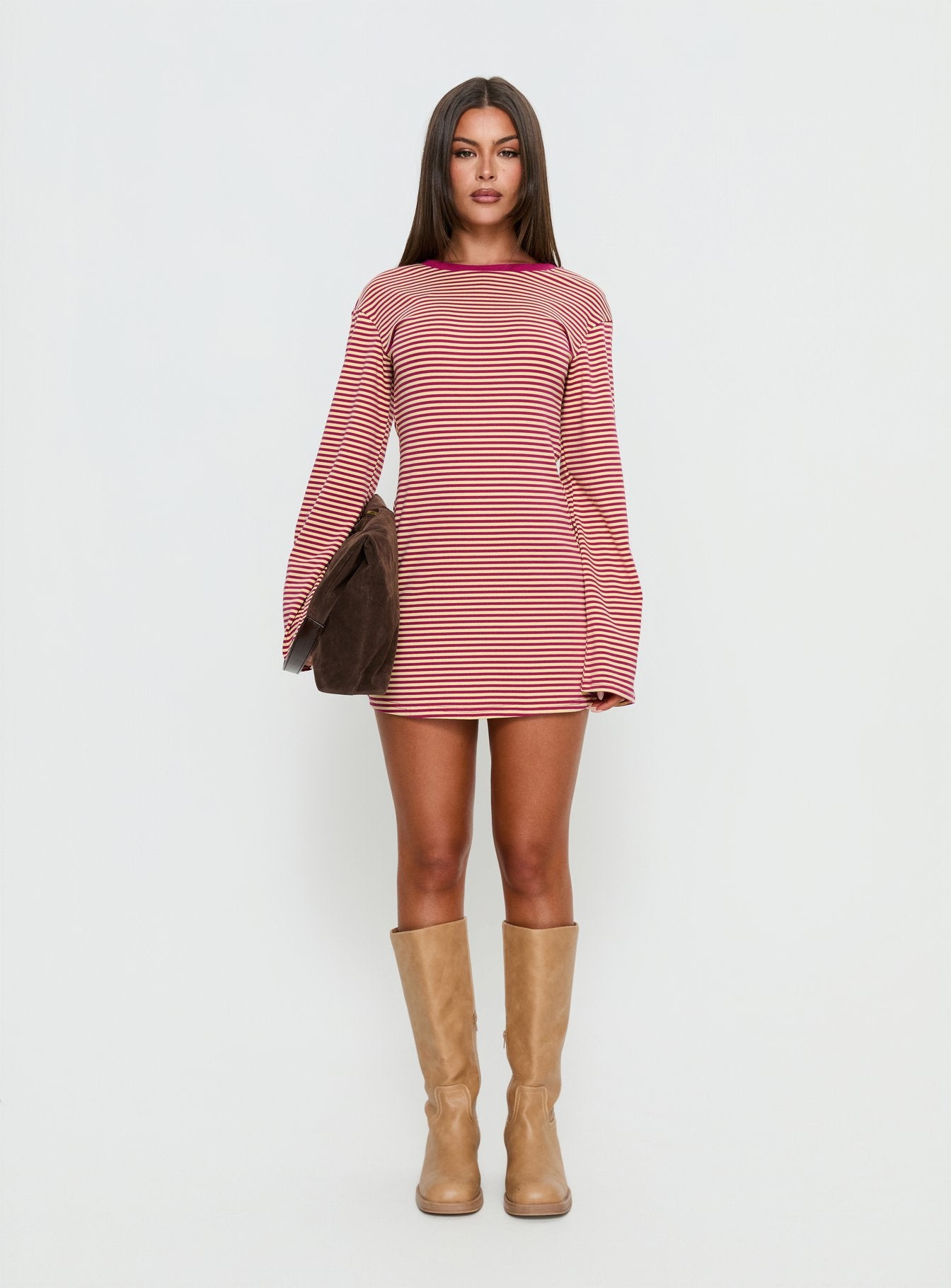 Lulolah Long Sleeve Mini Dress Lemon / Burgundy Stripe - Image 7
