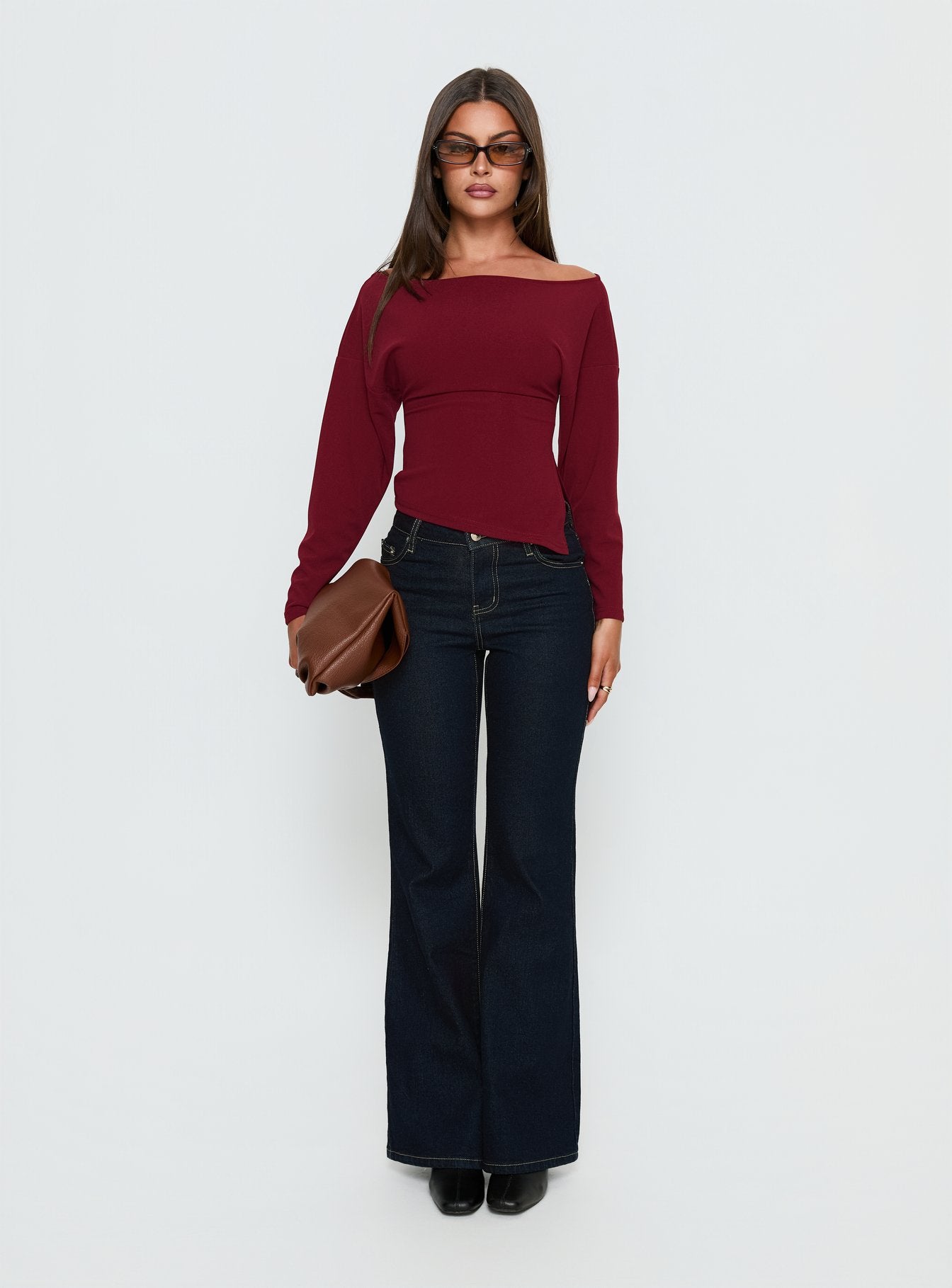 Cieara Off Shoulder Long Sleeve Top Burgundy - Image 6