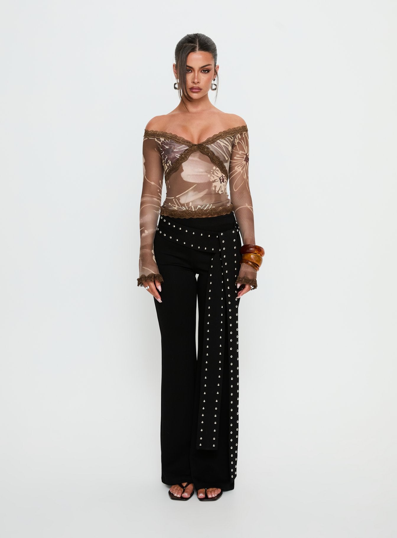 Katlyne Long Sleeve Lace Trim Top Brown Floral - Image 7