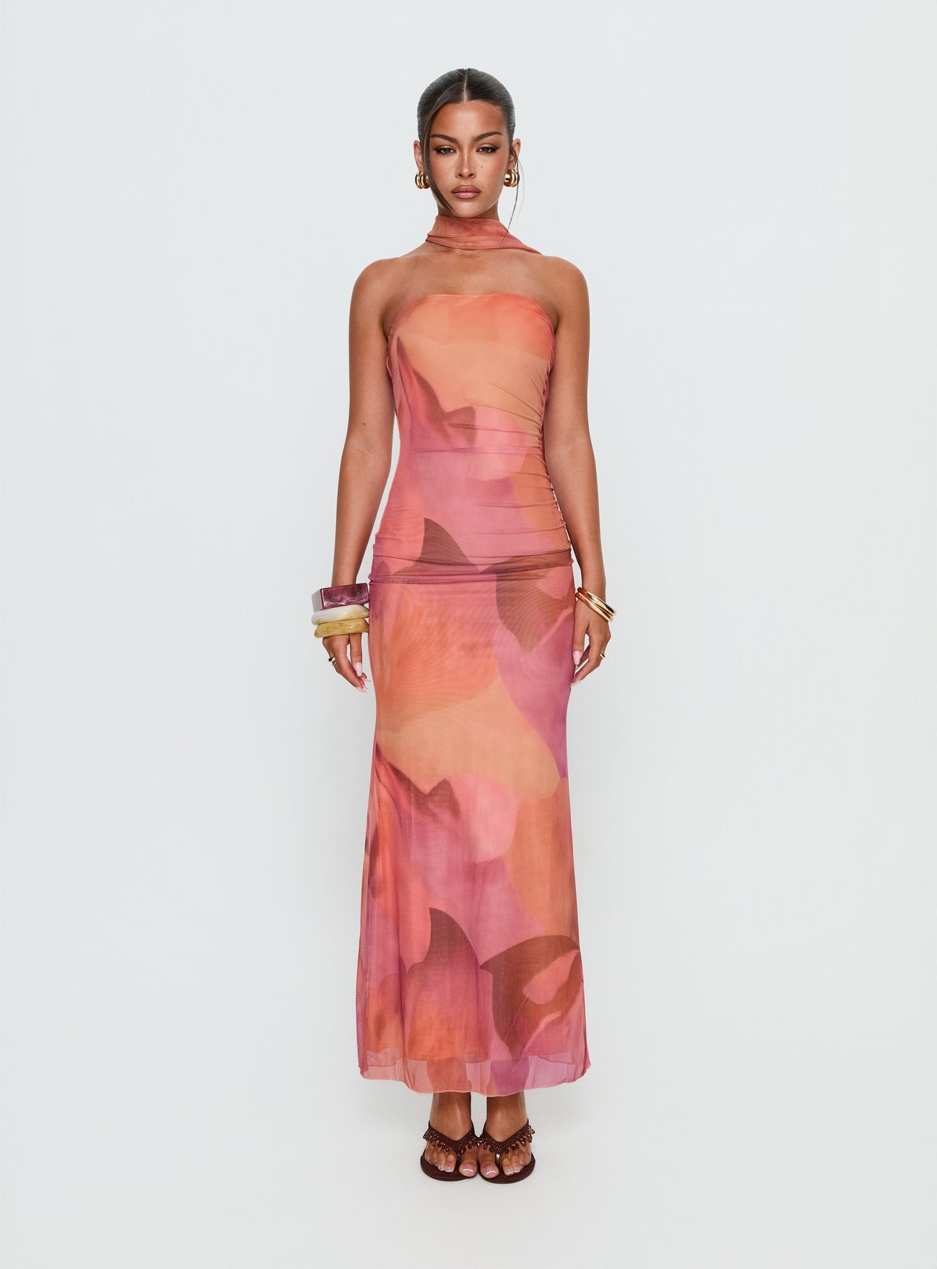 Davynn Scarf Detail Strapless Maxi Dress Pink Multi - Image 6
