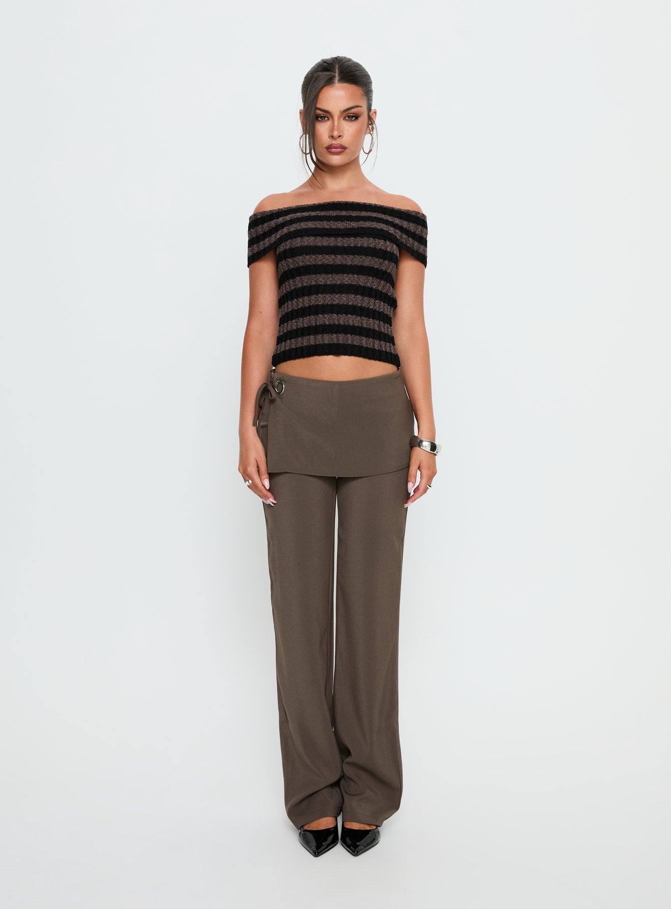 Murmur Off Shoulder Top Brown / Black Stripe - Image 6