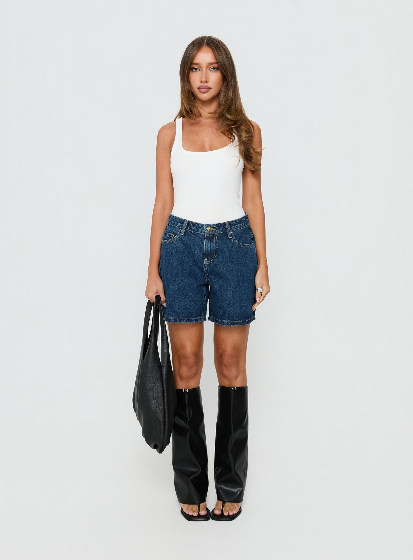 Dreamful Relaxed Longline Denim Shorts Mid Blue Wash - Image 7