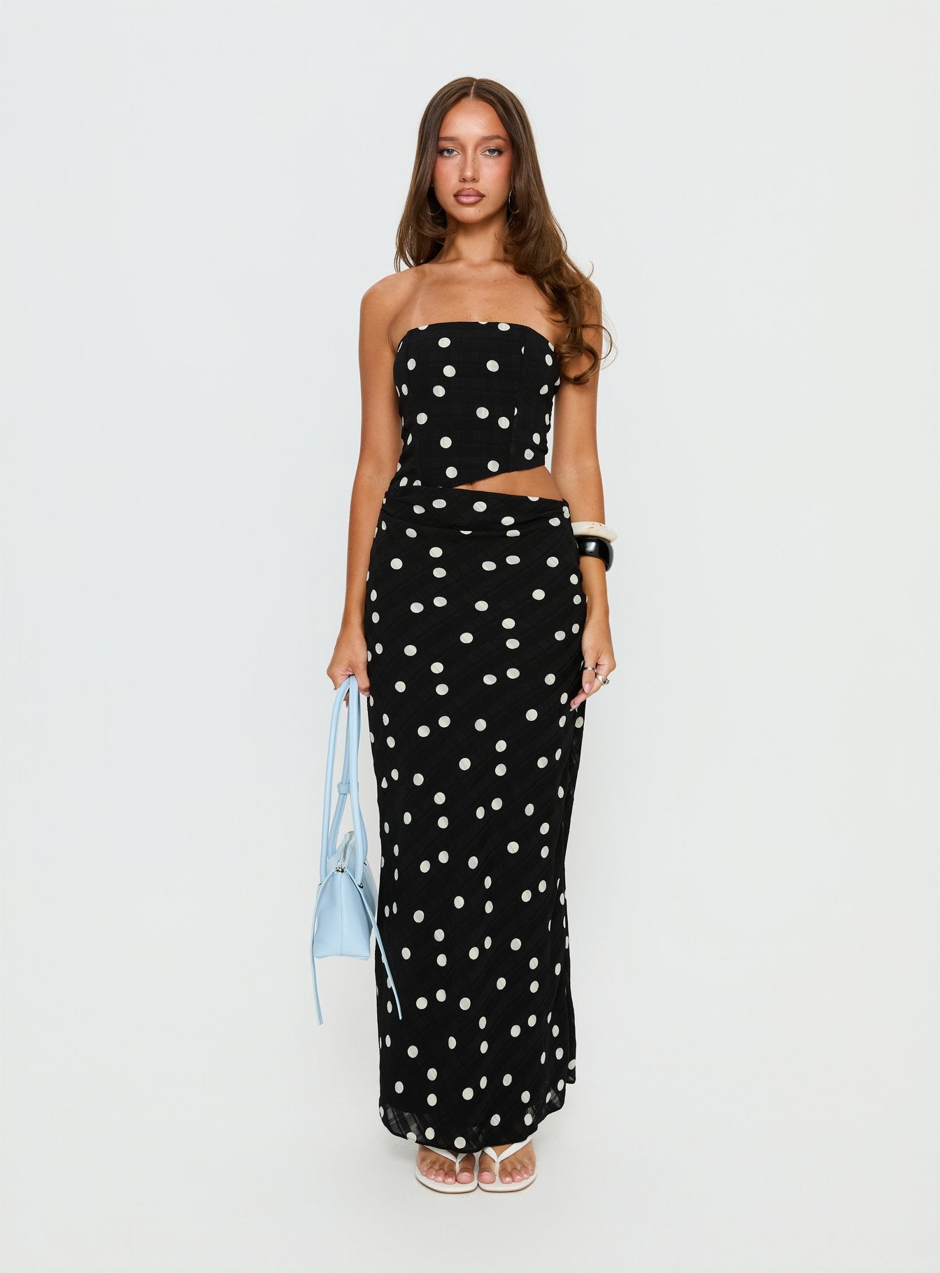Jasira Strapless Drape Maxi Dress Black Polka Dot - Image 7