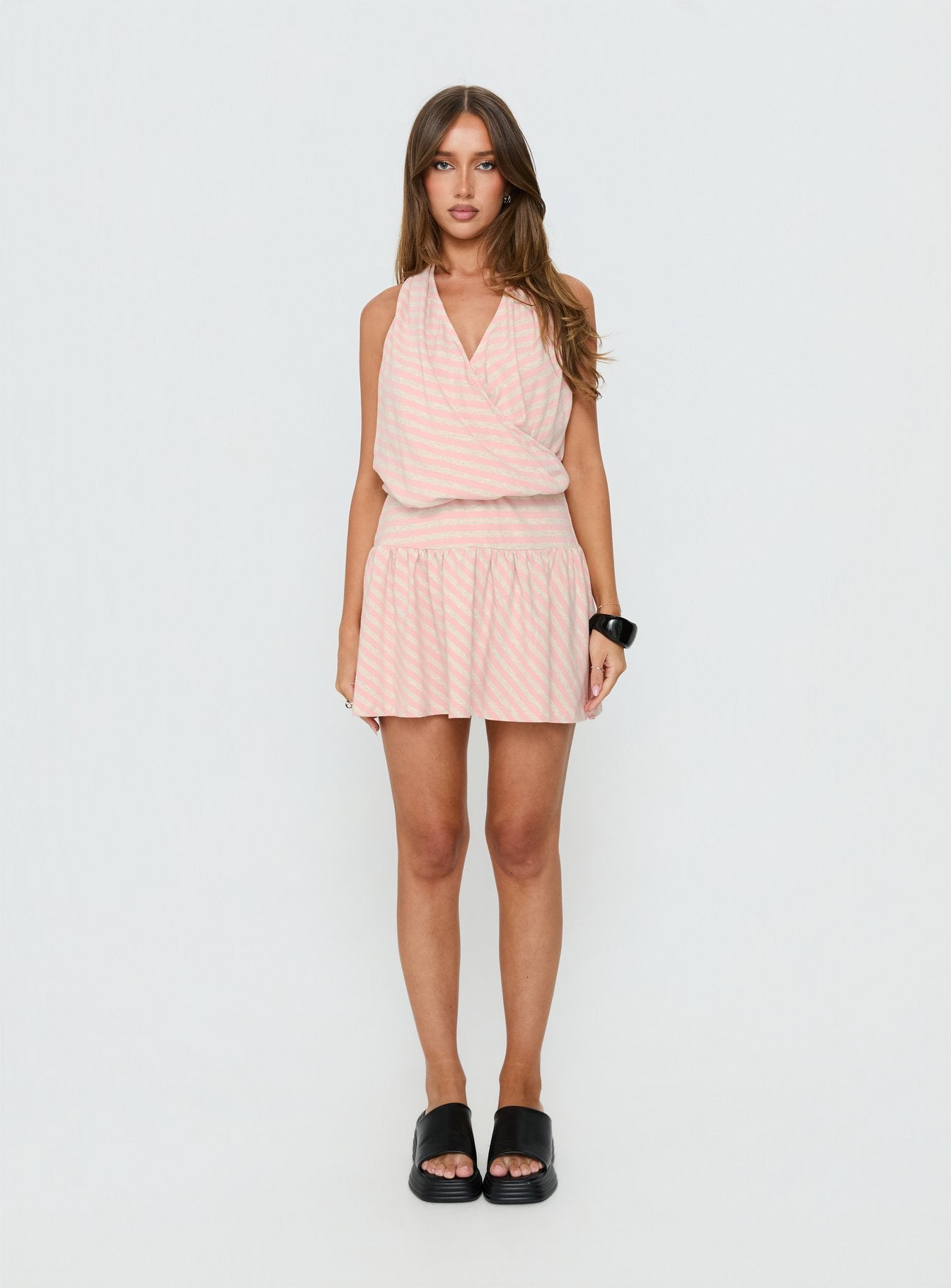 Joelie Halter Draped Mini Dress Pink / Grey Stripe - Image 7