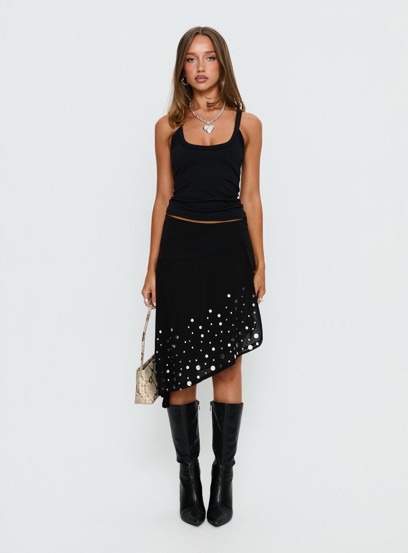 Jezabela Asymmetrical Stud Midi Skirt Black - Image 7