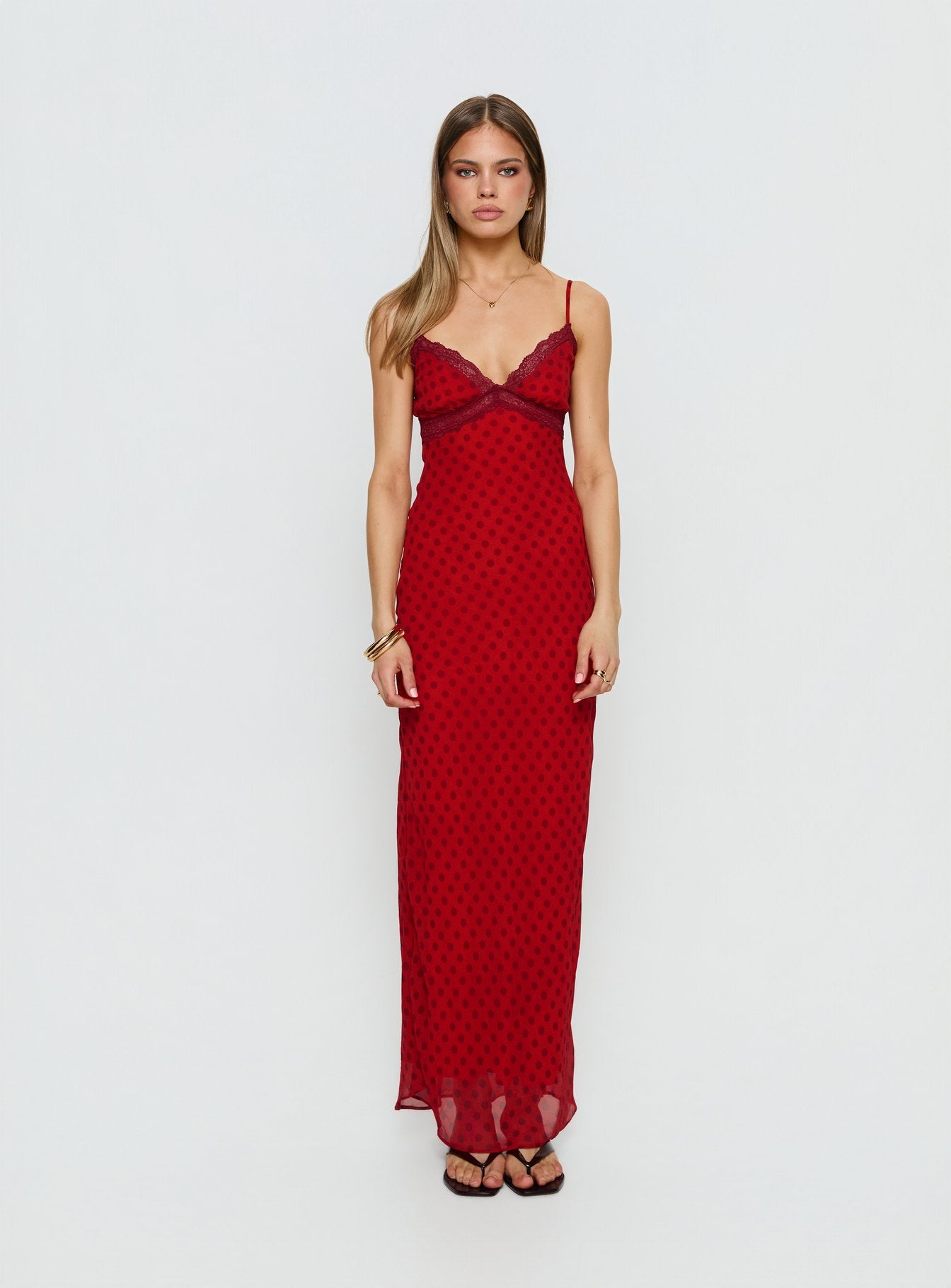 Adasia Lace V Neck Maxi Dress Red Polka Dot - Image 7