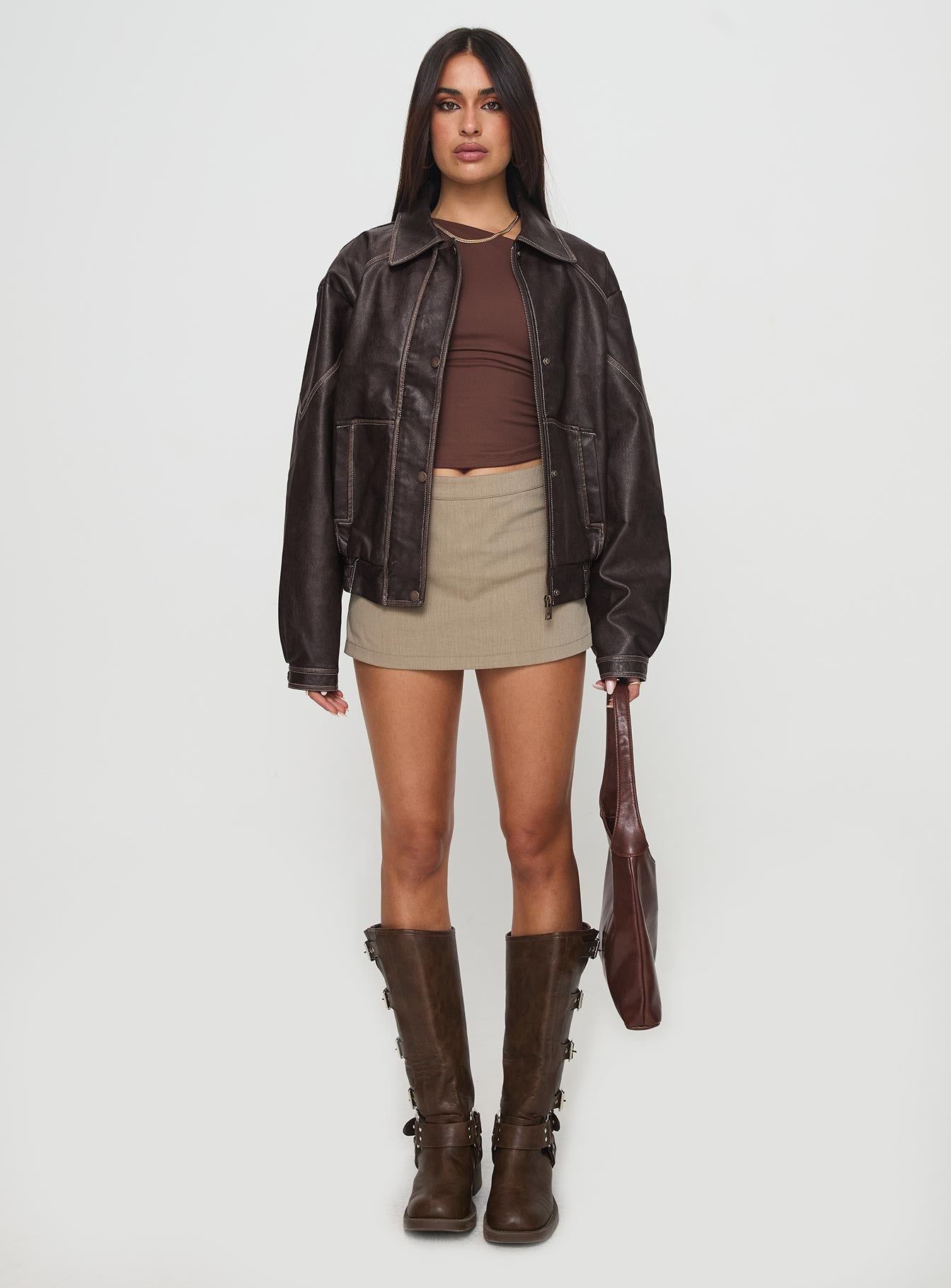 Jaxton Faux Leather Jacket Brown Petite - Image 7