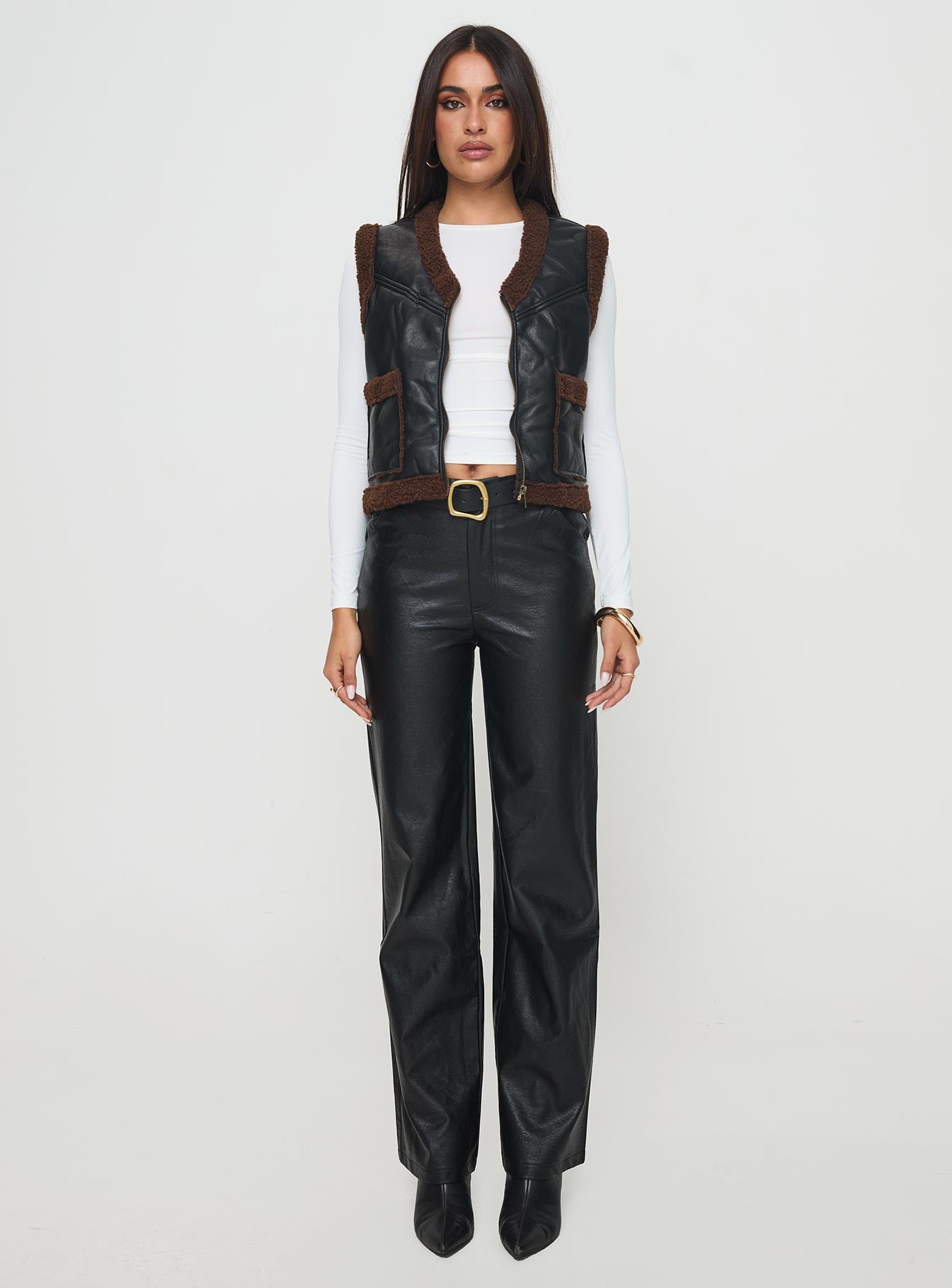 Benner Low Waist Wide Leg Faux Leather Pants Black - Image 6