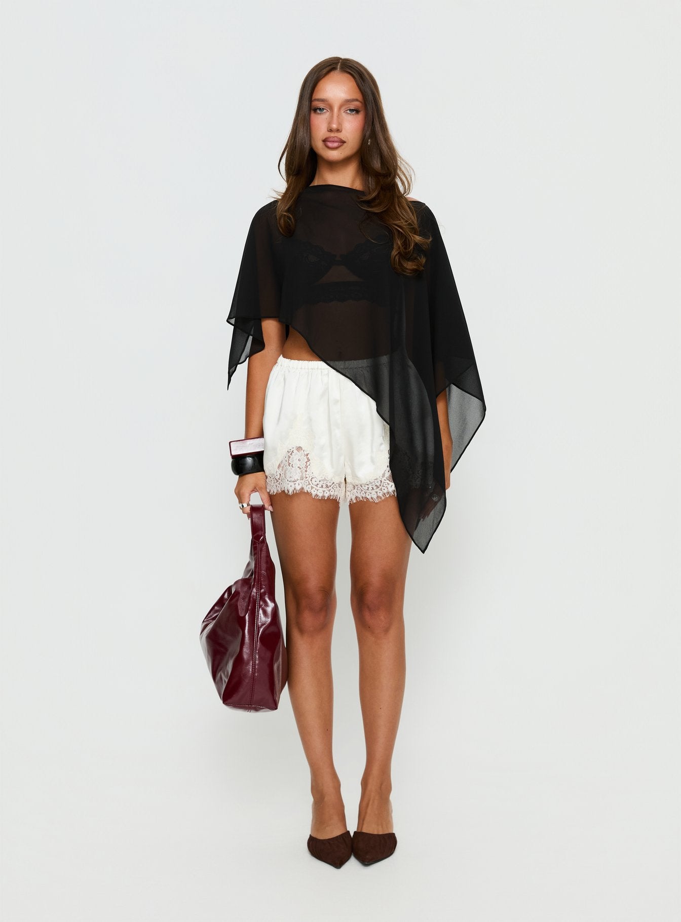 Parisse Satin Lace Trim Shorts Off White - Image 7
