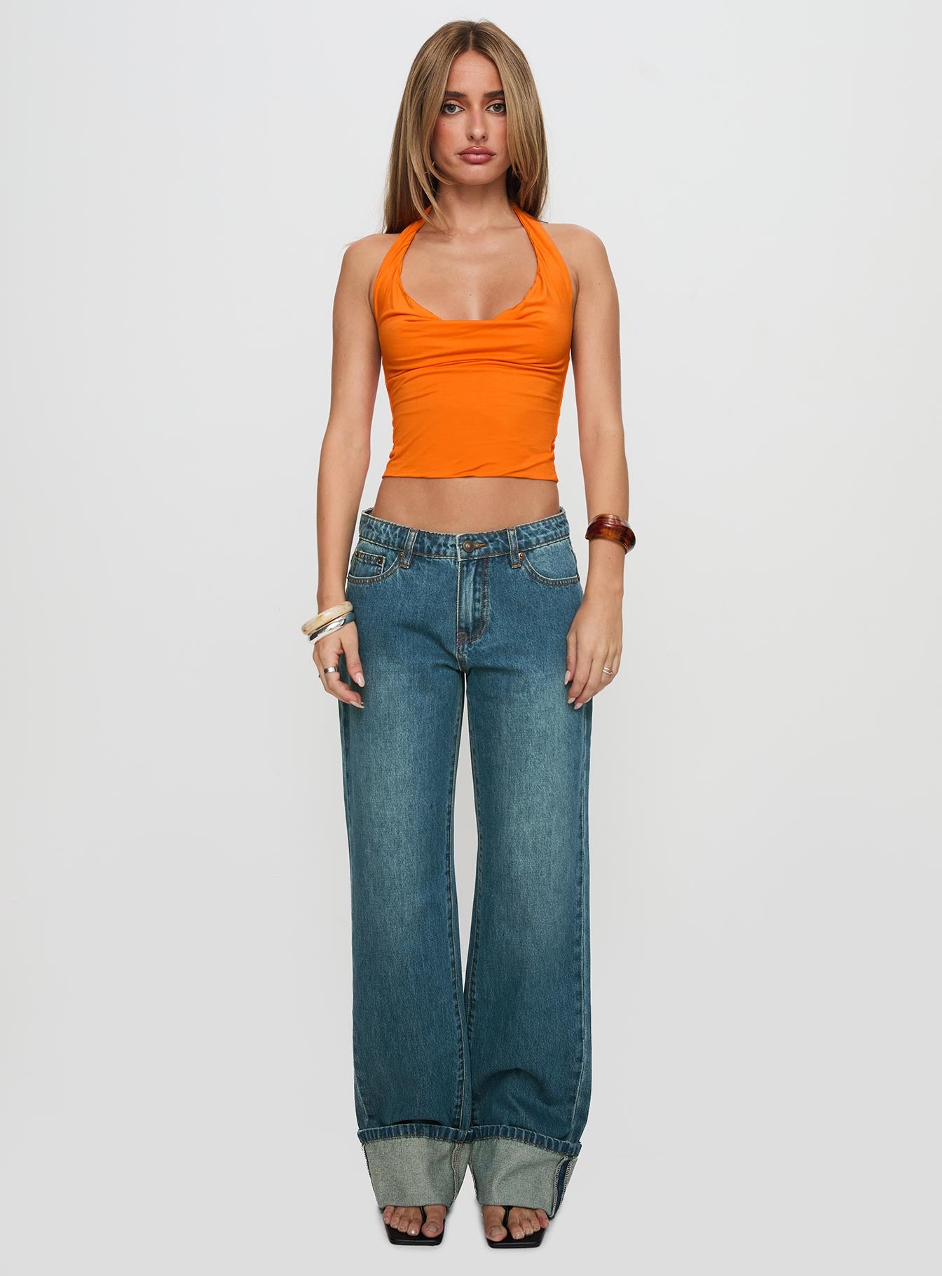 Toros Mid Rise Wide Leg Foldover Denim Jeans Mid Blue - Image 6