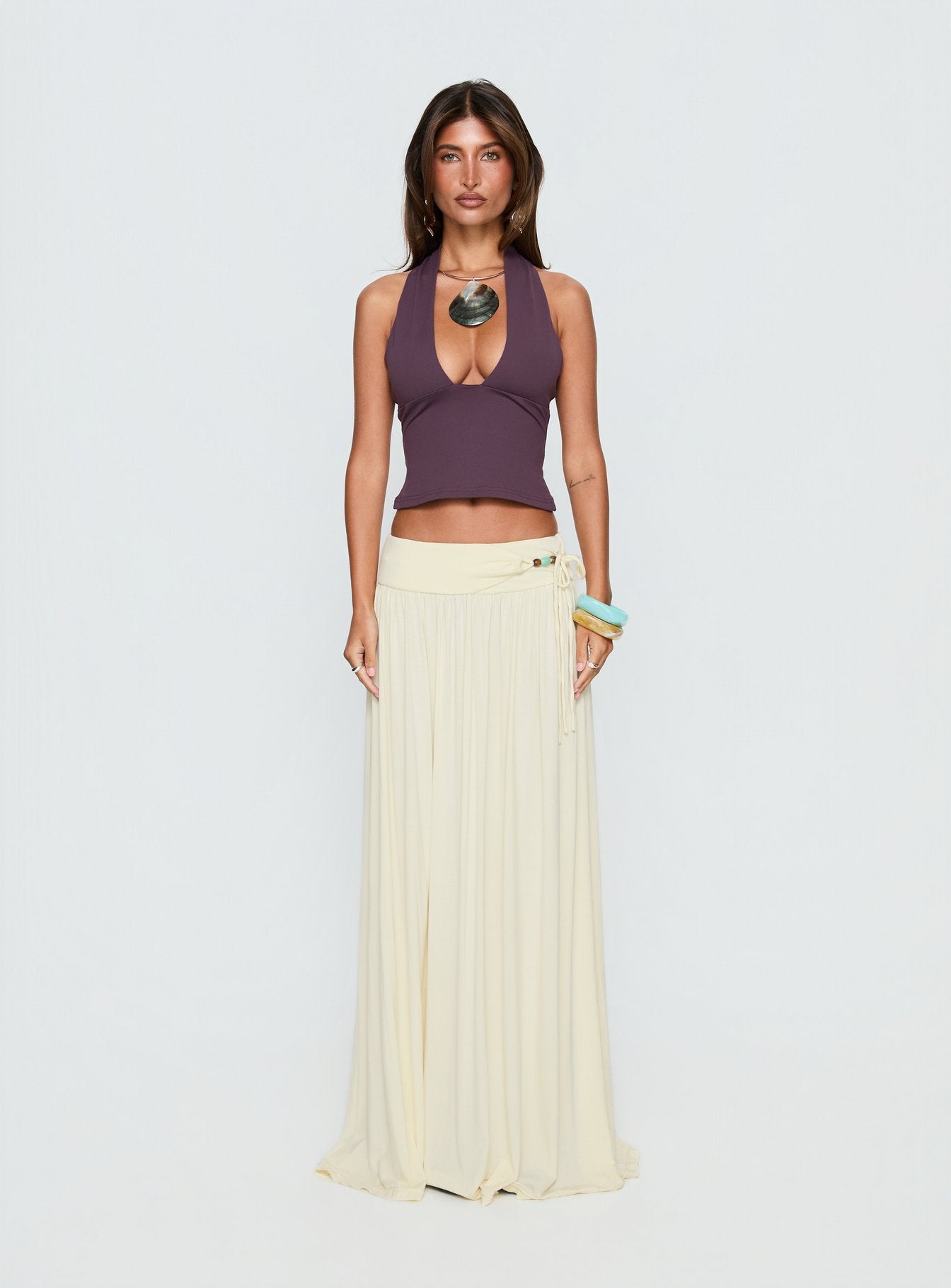 Velvet Storm Tie Detail Flowy Maxi Skirt Cream - Image 7