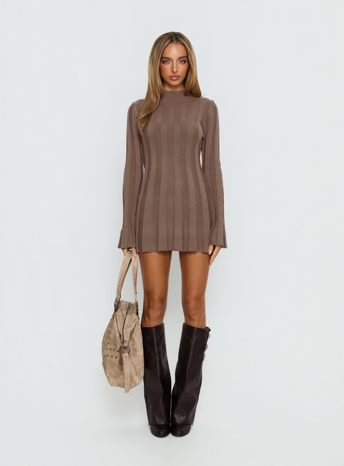 Carlee Rib Long Sleeve Mini Dress Mocha - Image 6