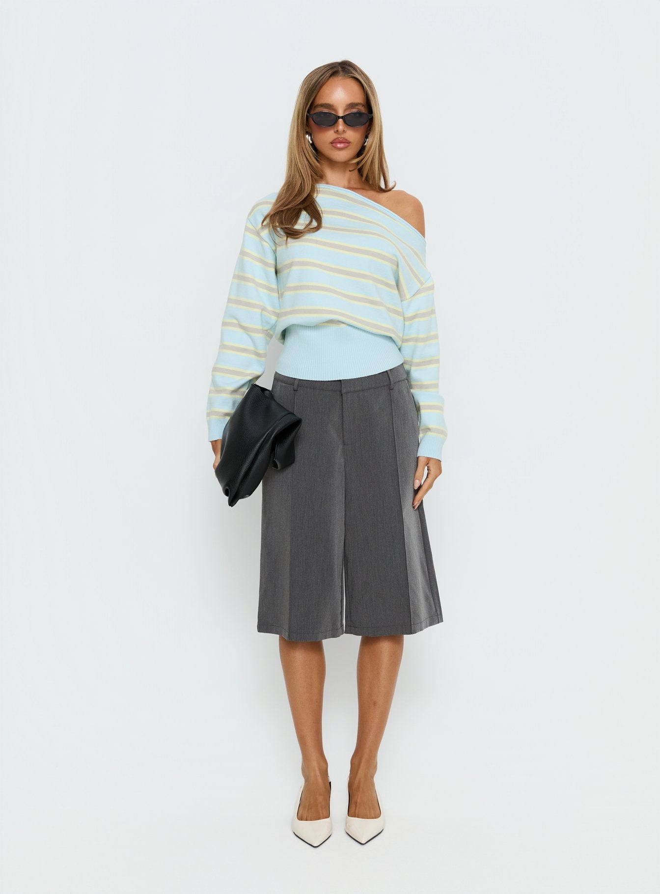 Zinia Off Shoulder Knit Sweater Grey / Blue Stripe - Image 7