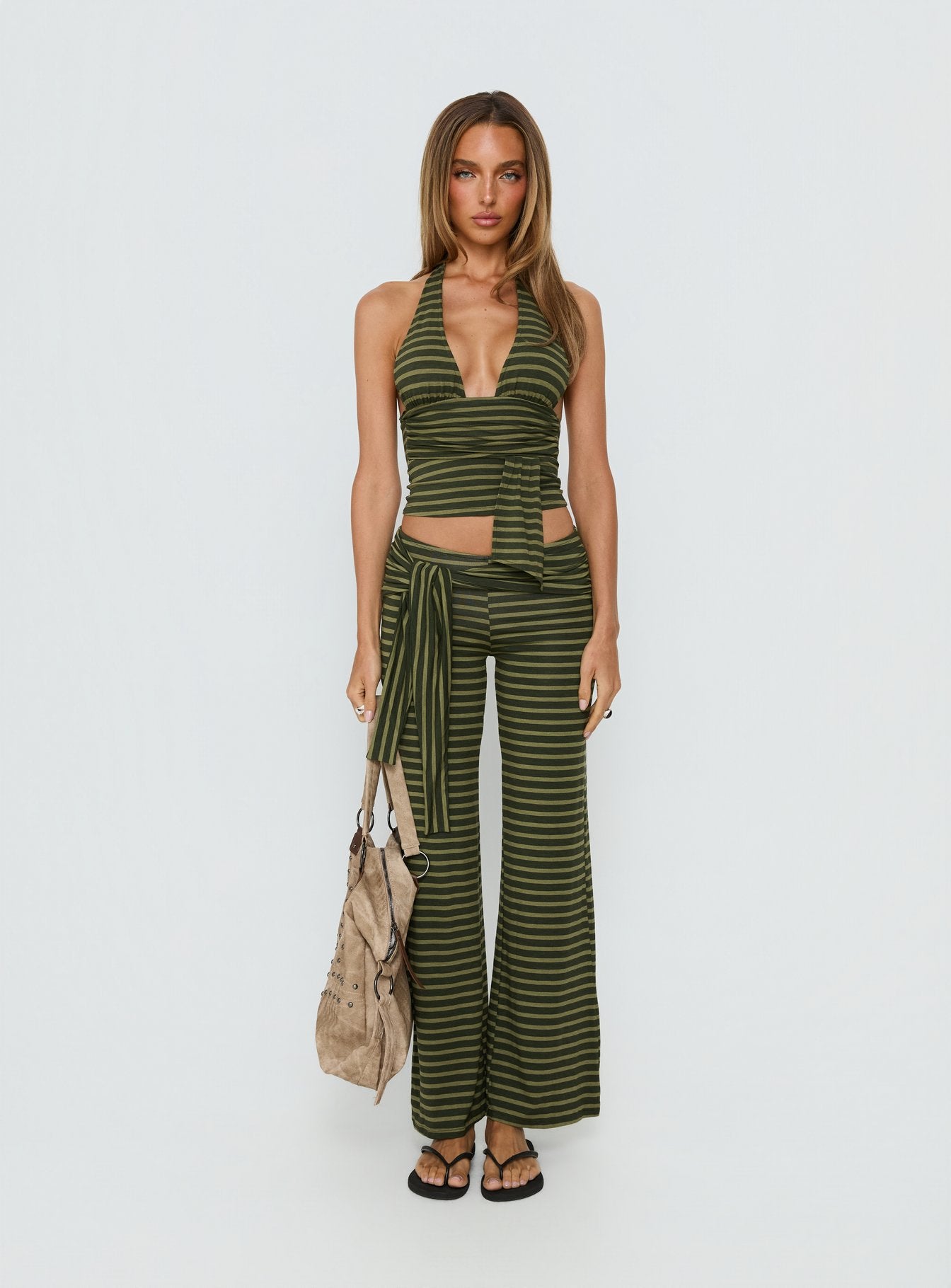 Esata Tie Detail Pants Green Stripe - Image 7