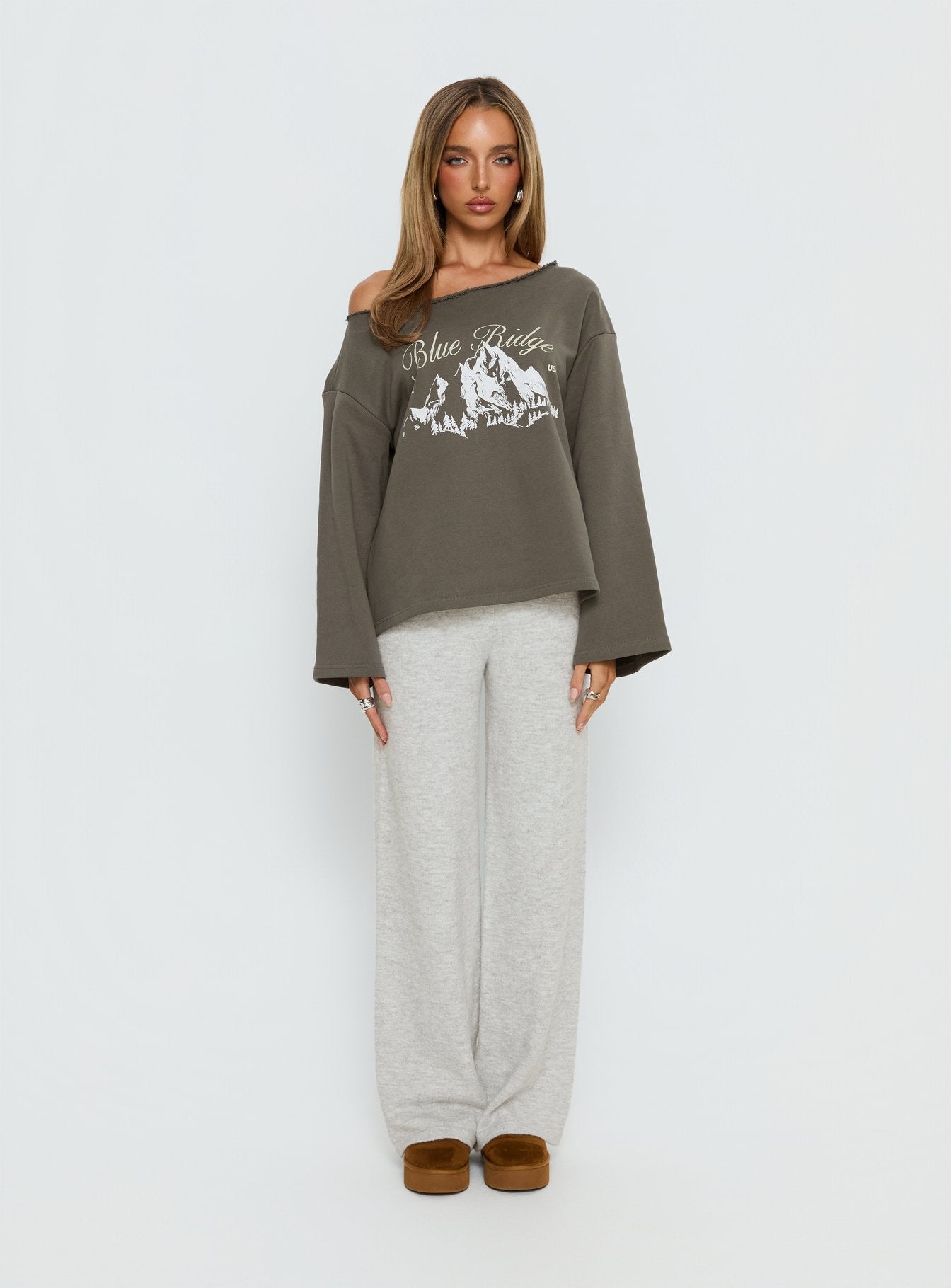 Blue Ridge Mountains Off Shoulder Graphic Sweater Grey - Image 7