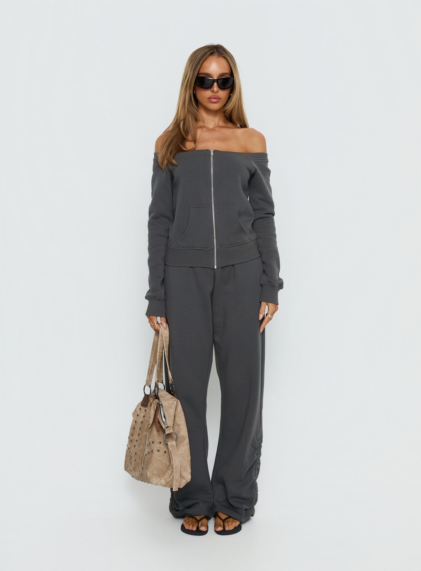 Airazo Off Shoulder Zip Through Jumper Grey - Image 7