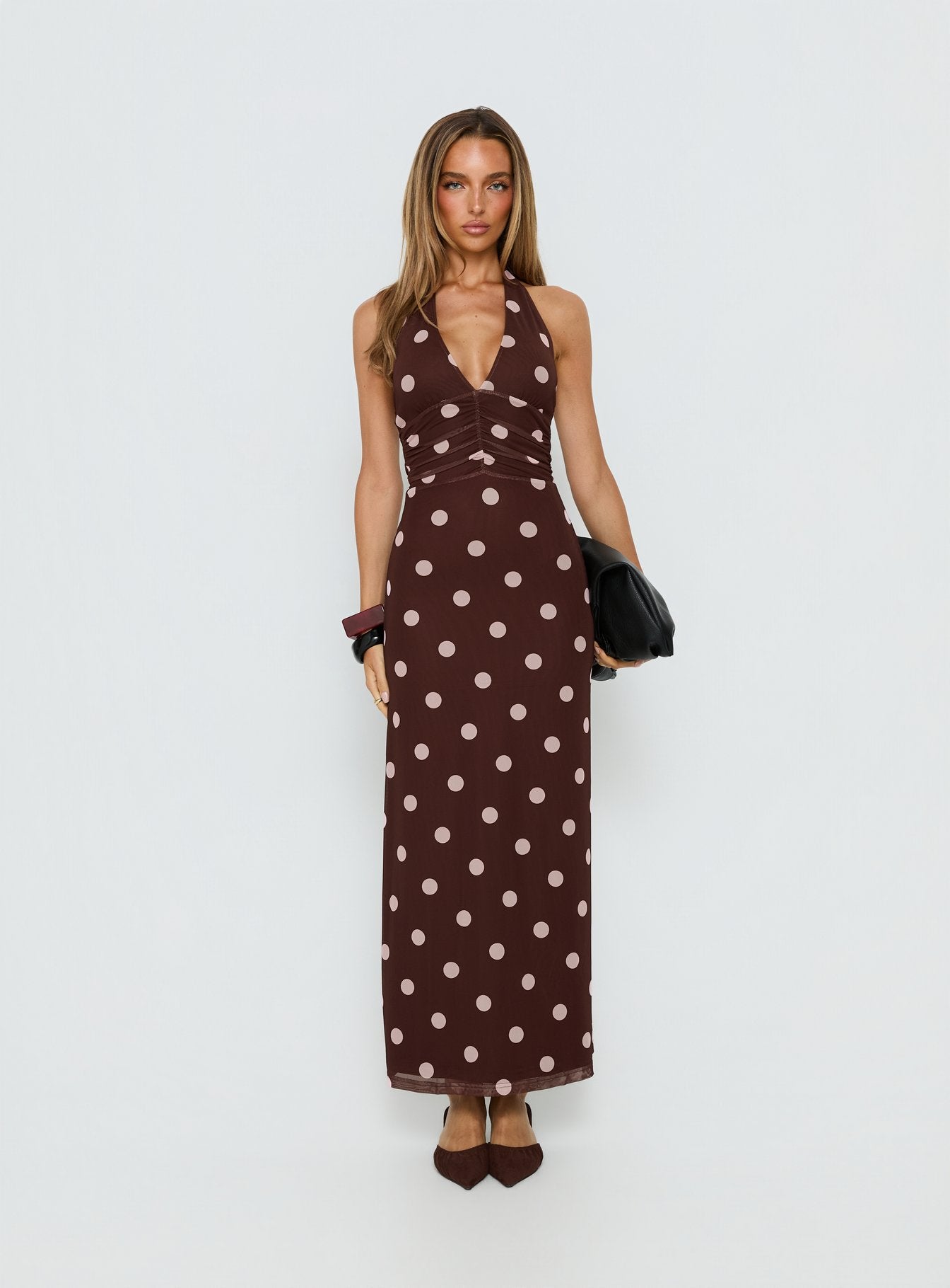Saviana Halter Ruched Maxi Dress Chocolate / Pink Polka Dot - Image 7