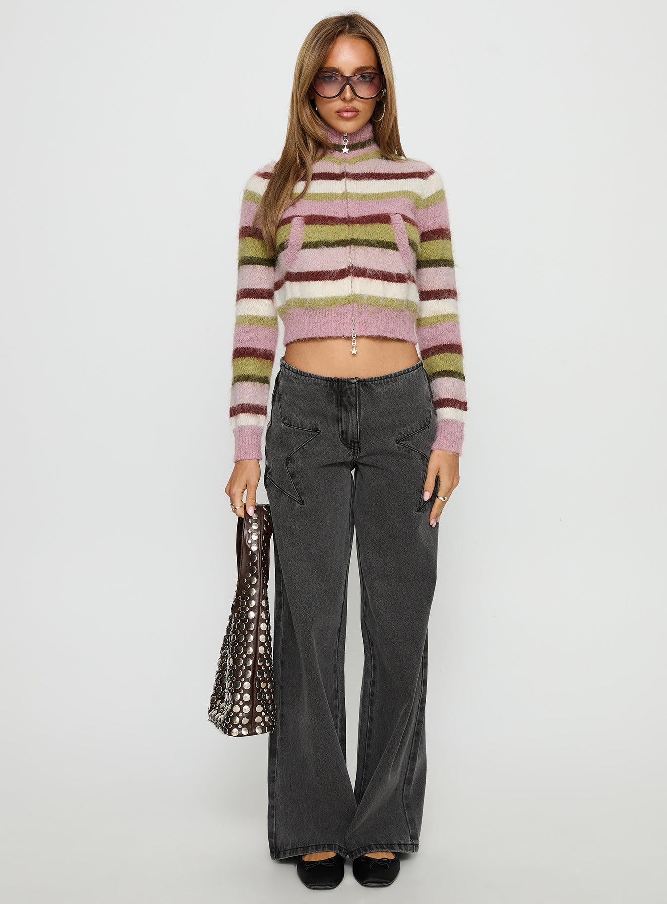 Keeva Zip Through Knit Jumper Pink / Green Stripe - Image 7