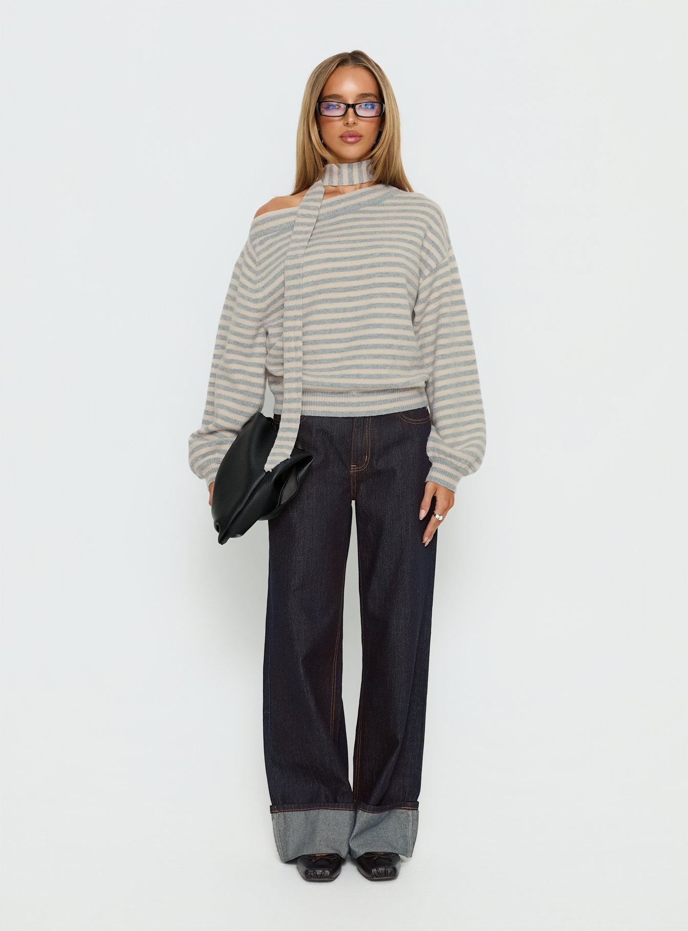 Ruthi Scarf Off Shoulder Knit Sweater Neutral Stripe - Image 7