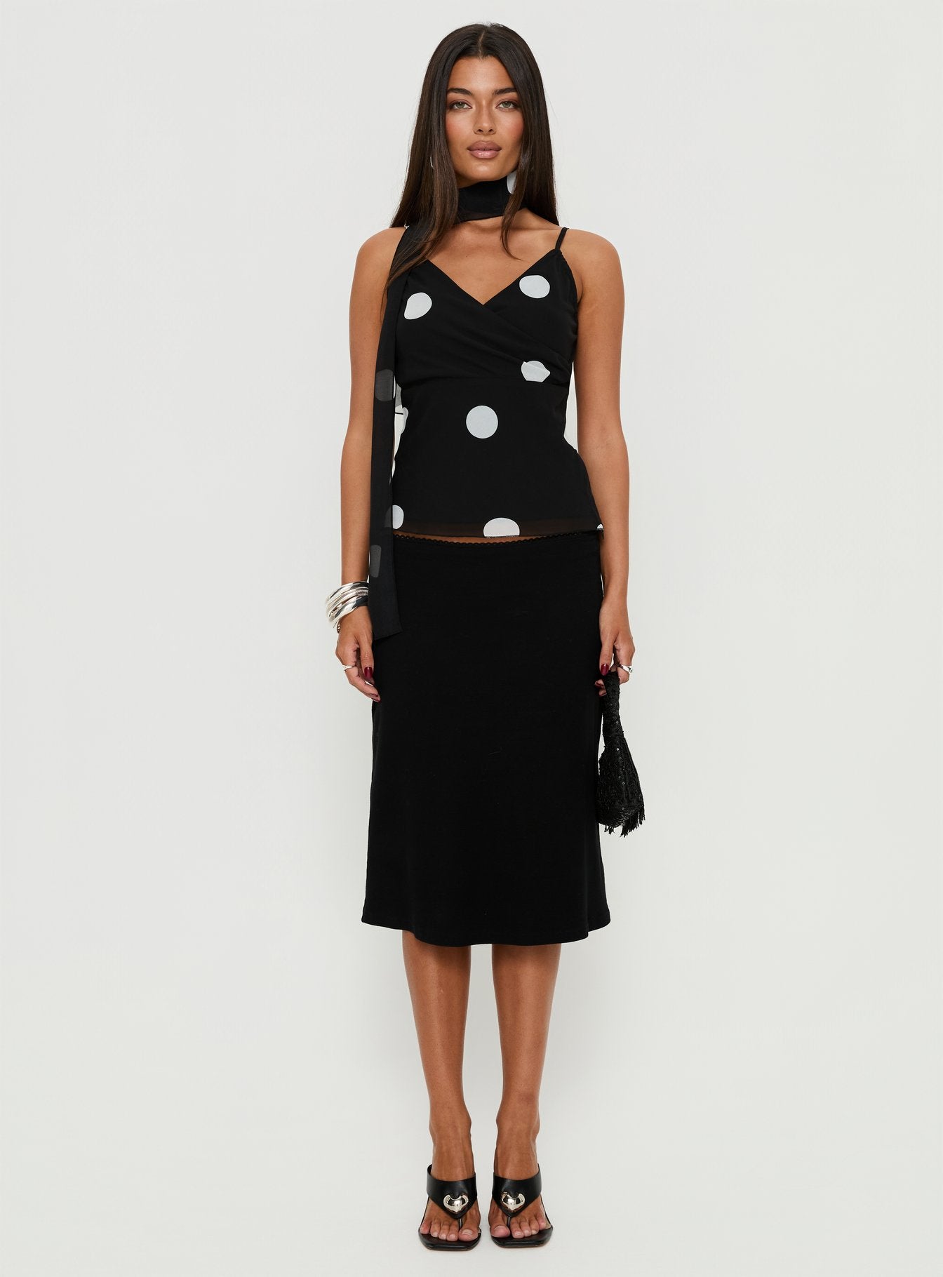 Jenae Scarf Detail Cami Top Black / White Polka - Image 7