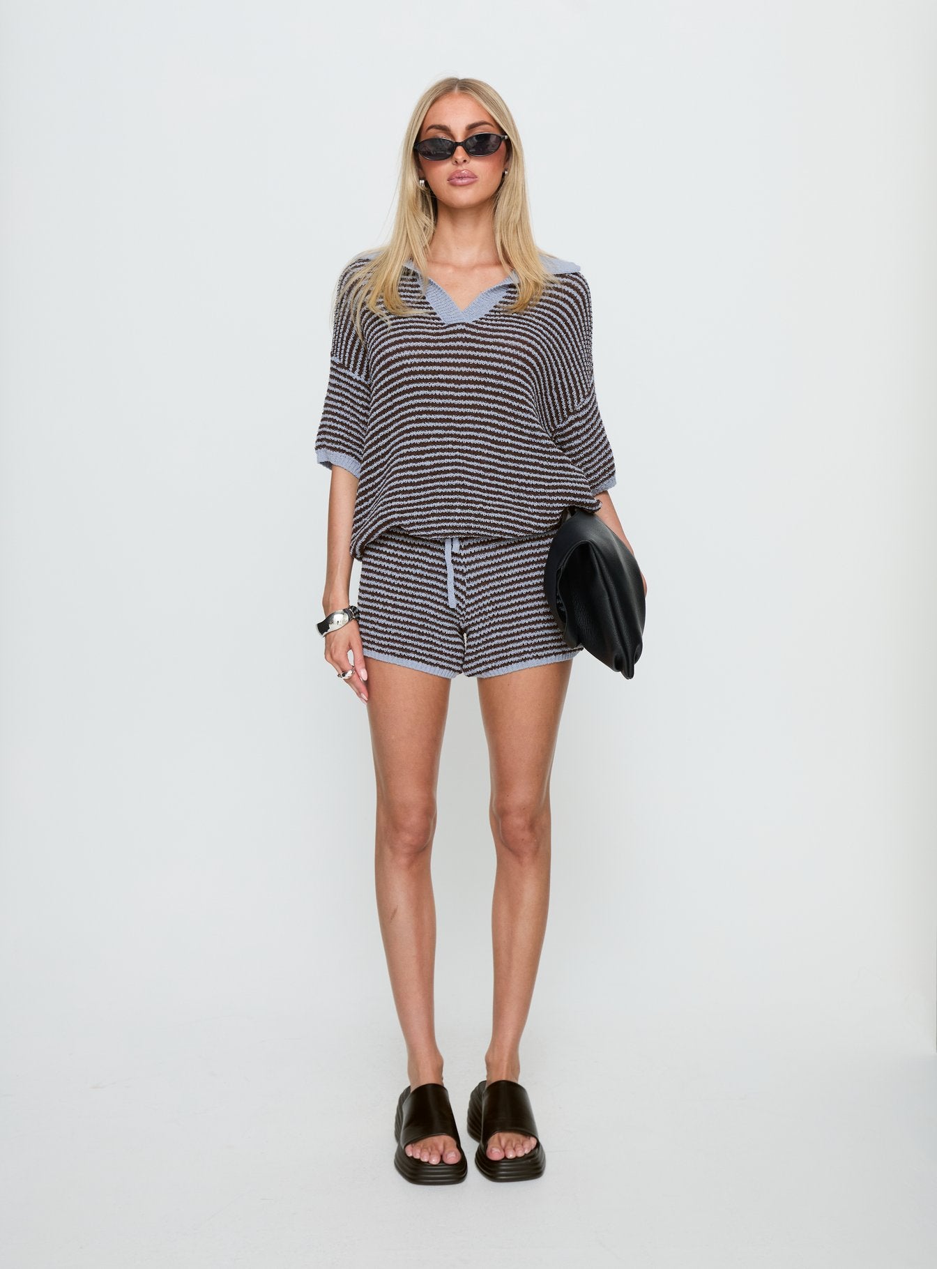 Serenique Collared Short Sleeve Knit Top Blue / Chocolate - Image 7