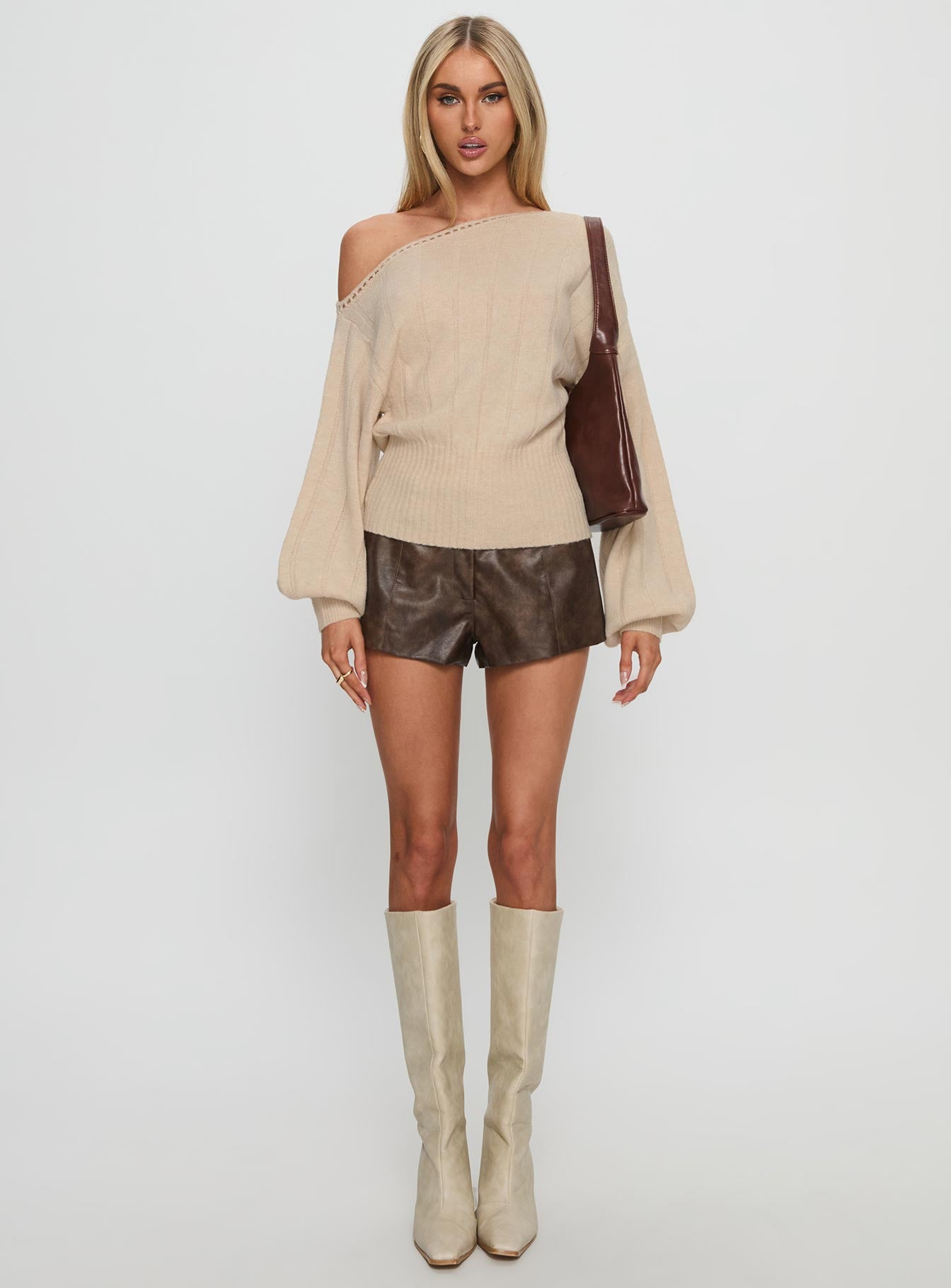 Jackeline Off Shoulder Rib Jumper Cream - Image 6