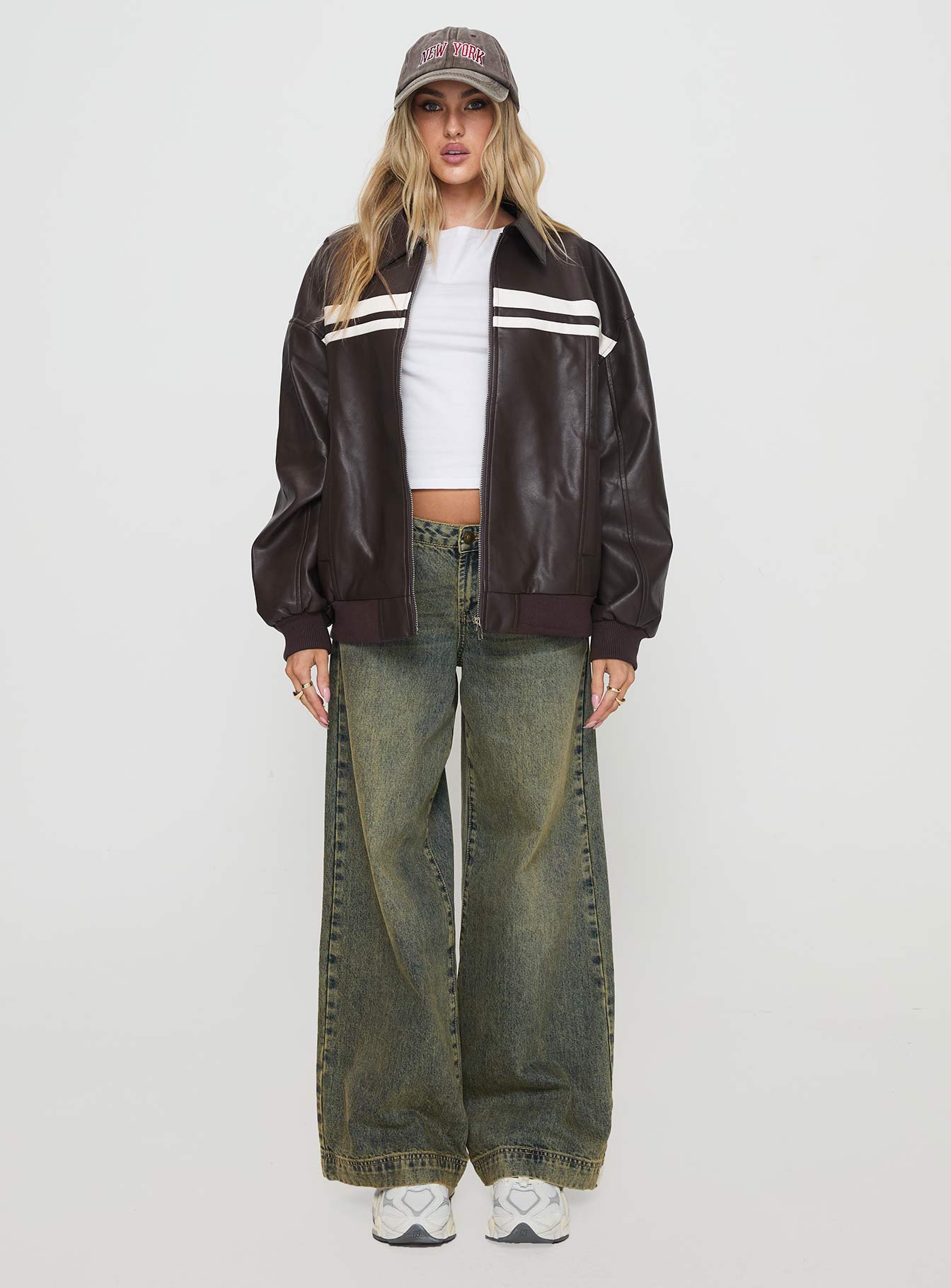 Goldsmith Faux Leather Bomber Jacket Chocolate / White - Image 7