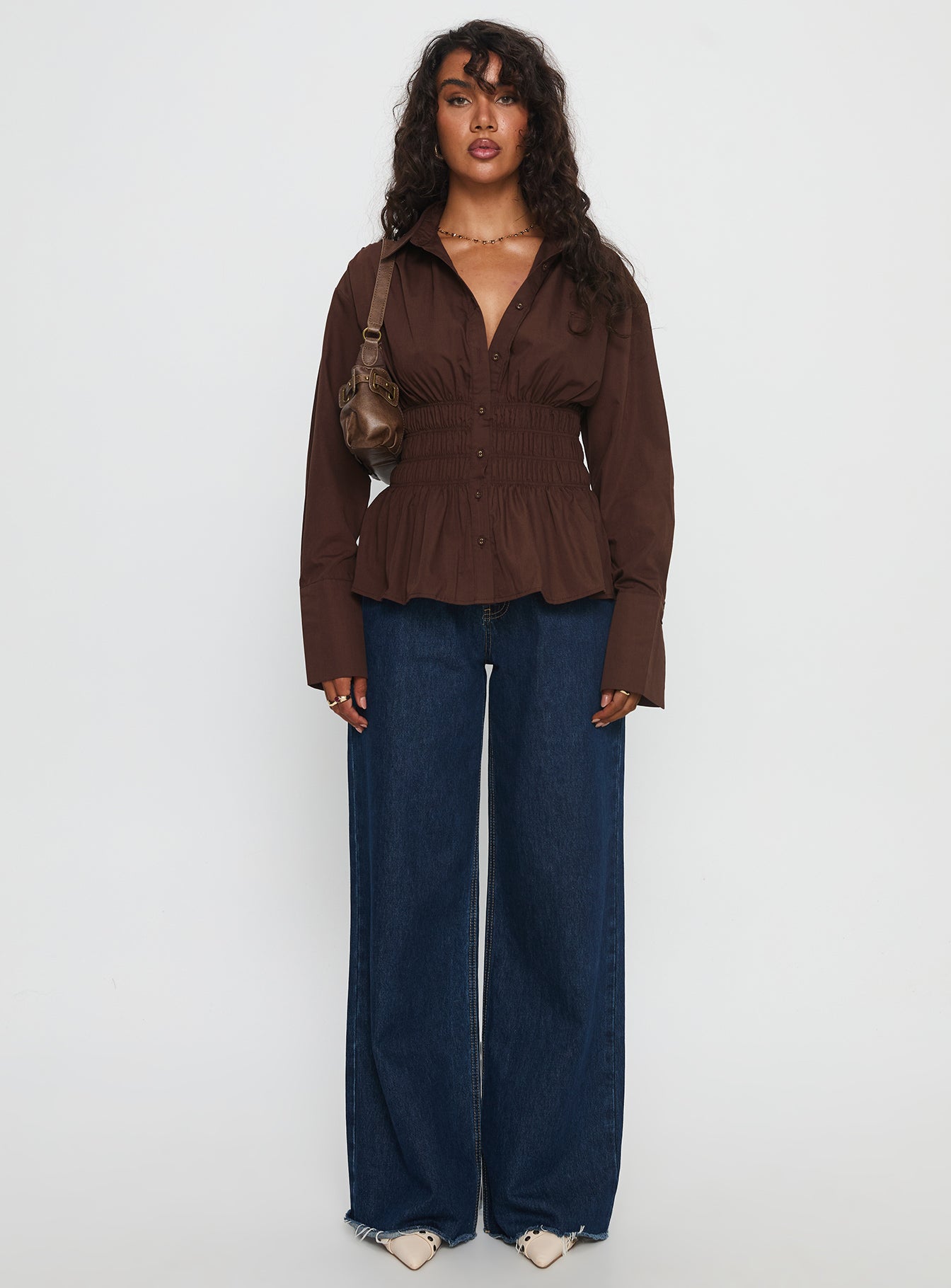 As You Are Shirred Button Up Top Chocolate - Image 8