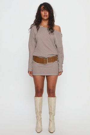 Caia Off Shoulder Long Sleeve Jersey Mini Dress Chocolate Stripe