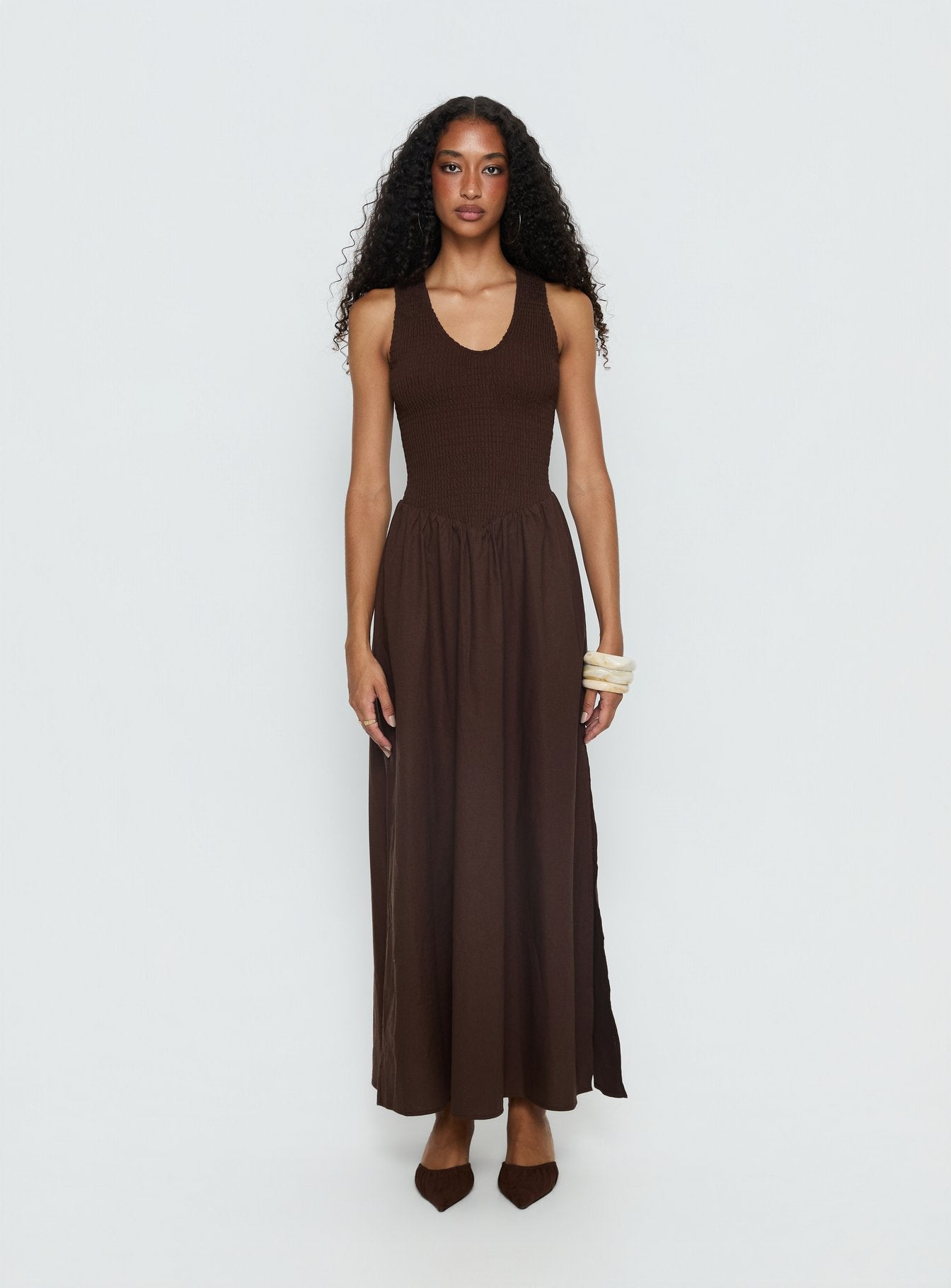 Highgate Drop Waist Pleat Detail Maxi Dress Chocolate - Image 7