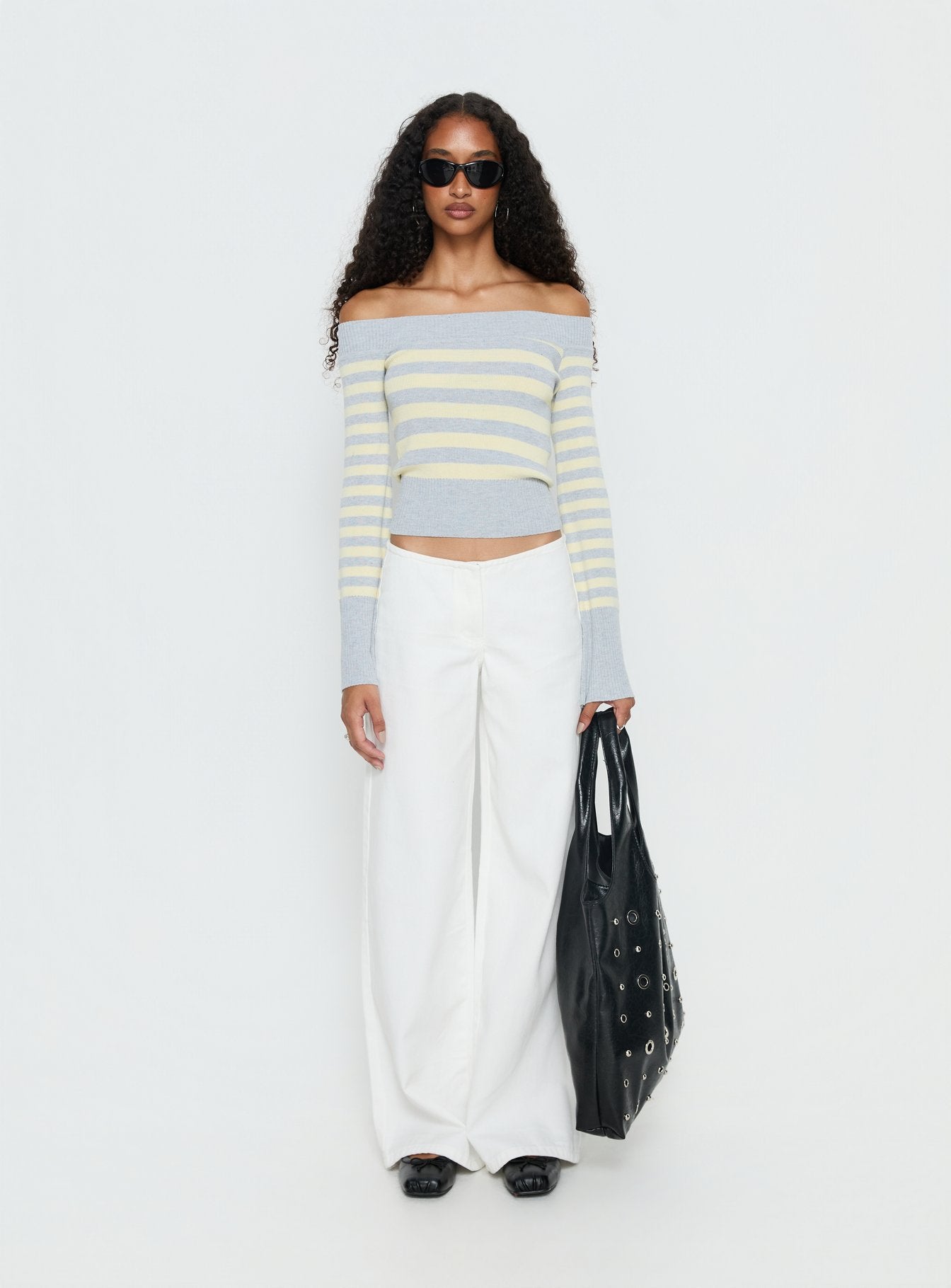 Perrey Long Sleeve Off Shoulder Top Knit Yellow / Grey Stripe - Image 7