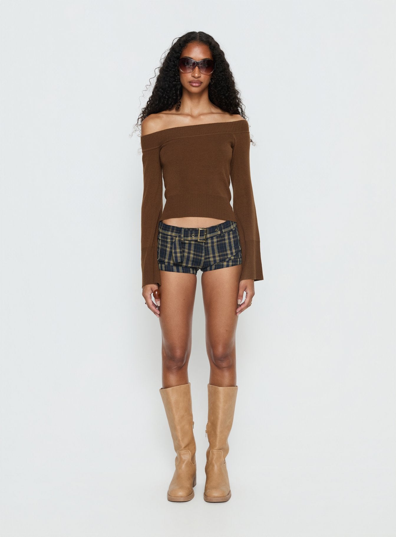 Perrey Long Sleeve Off Shoulder Knit Top Brown - Image 6