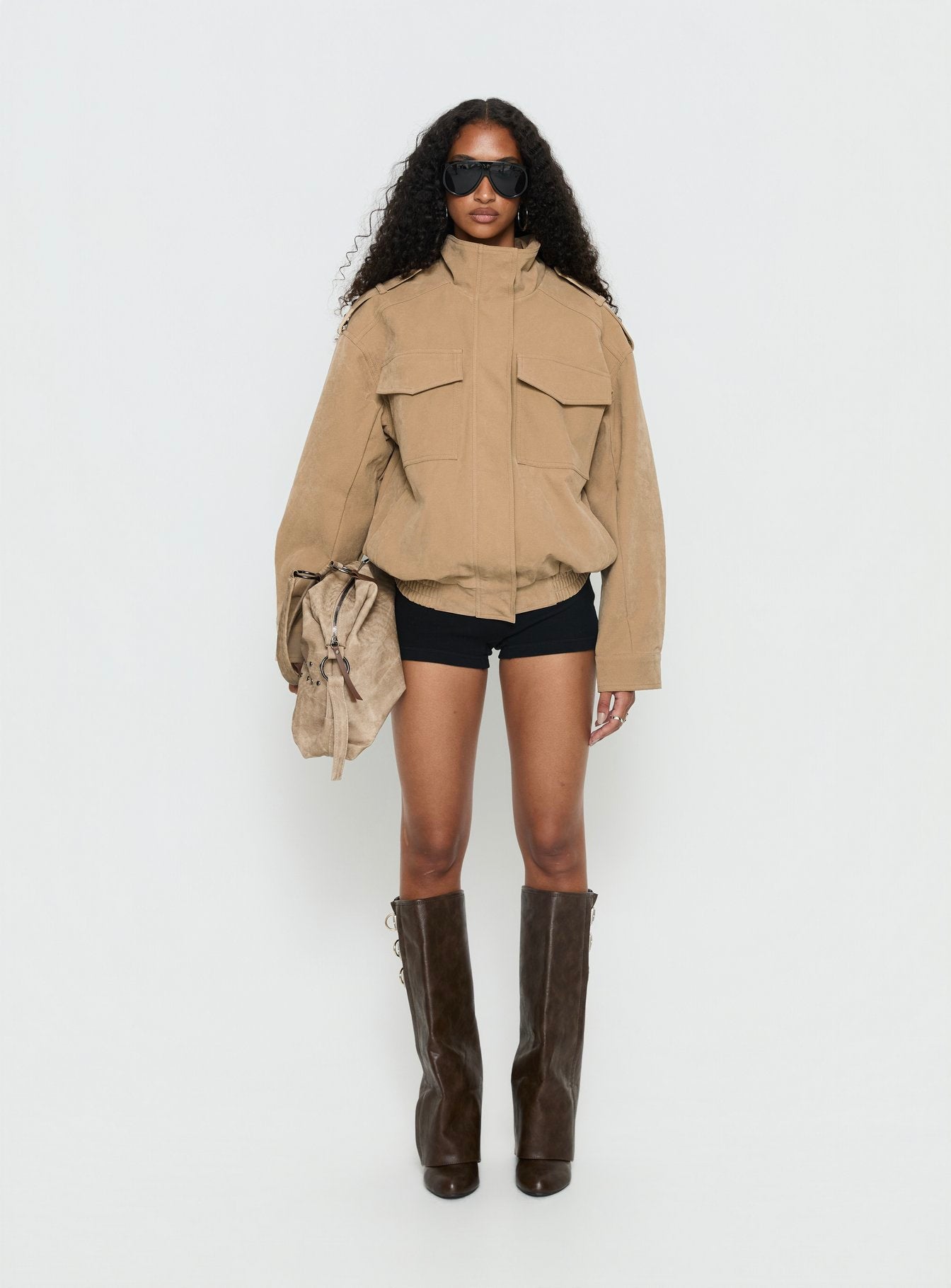 Double Life Funnel Neck Cargo Jacket Beige - Image 7