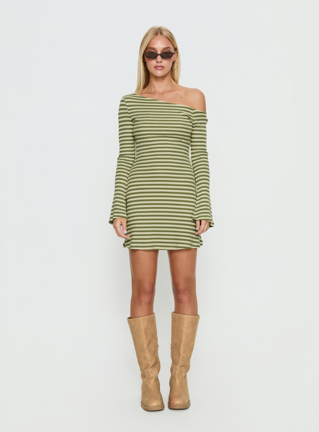 Adrietta Long Sleeve Off Shoulder Mini Dress Cream / Matcha Stripe - Image 6