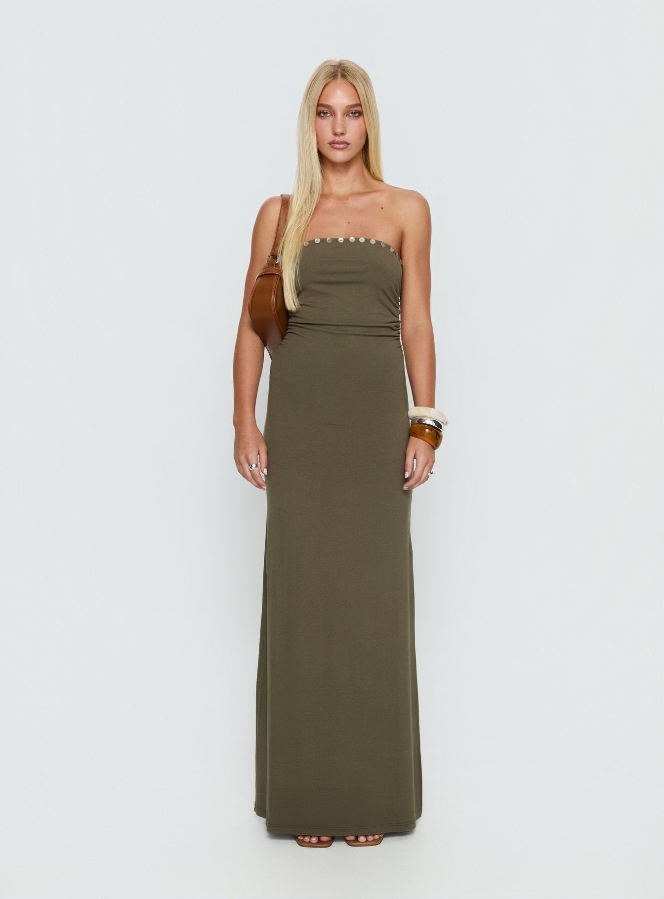 Erita Strapless Maxi Dress Kahki - Image 6