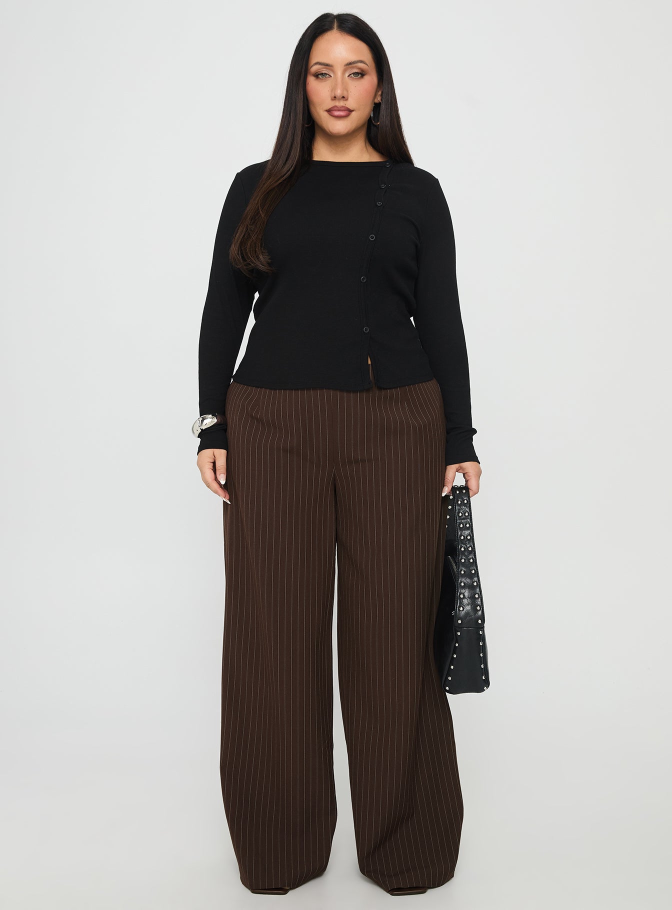 Khane Low Rise Wide Leg Pant Brown Pinstripe Curve - Image 7