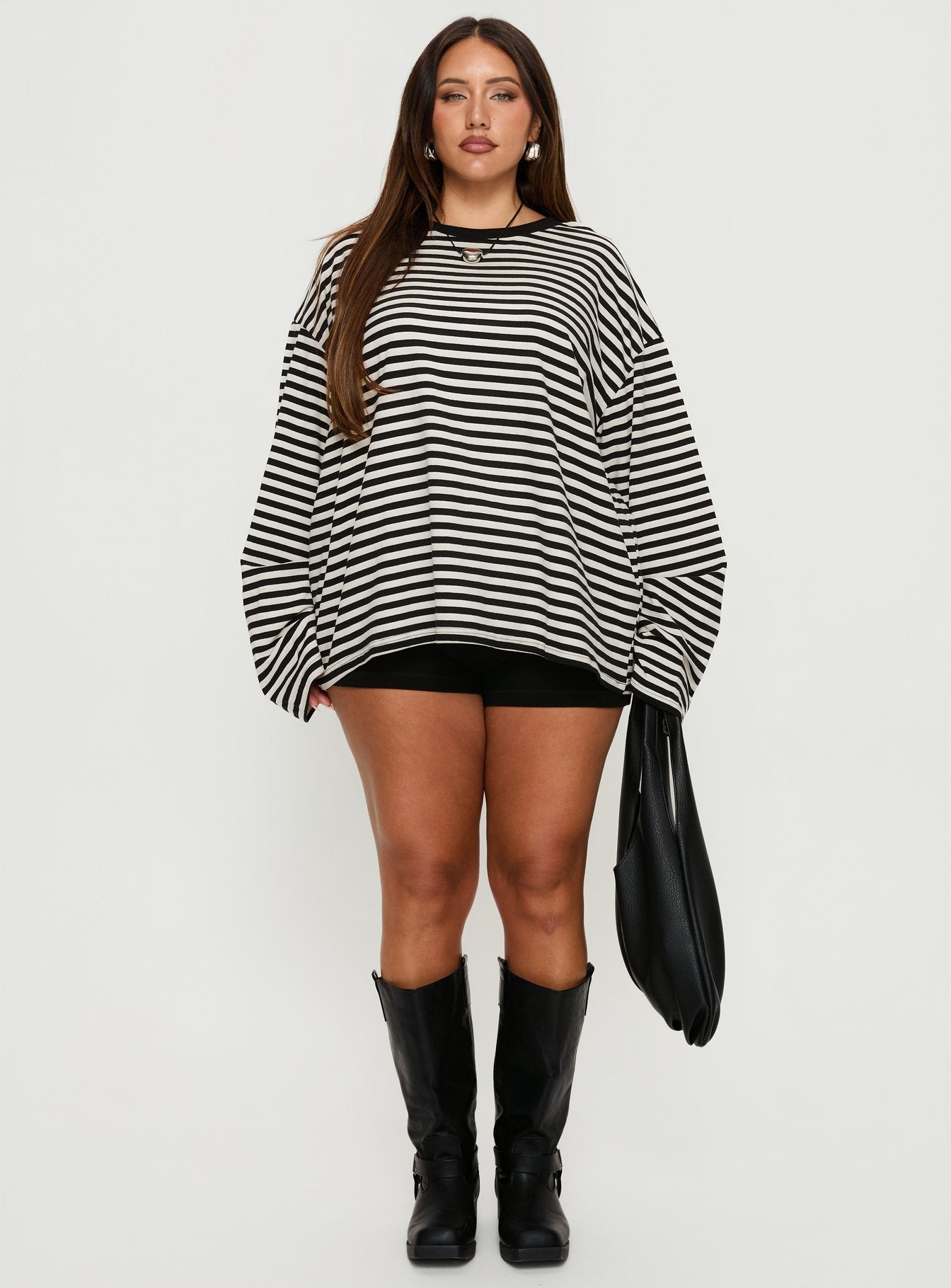 Settle Down Long Sleeve Top Black / White Stripe Curve - Image 7