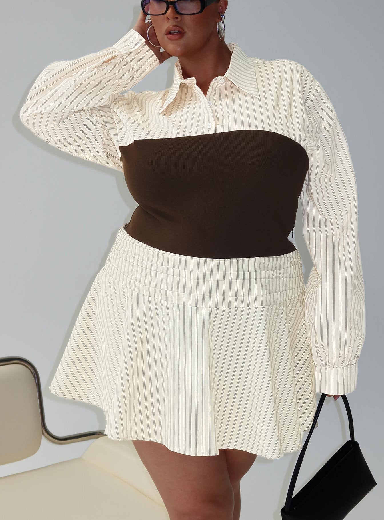 Belva Long Sleeve Corset Shirt Mini Dress Brown Stripe Curve - Image 8