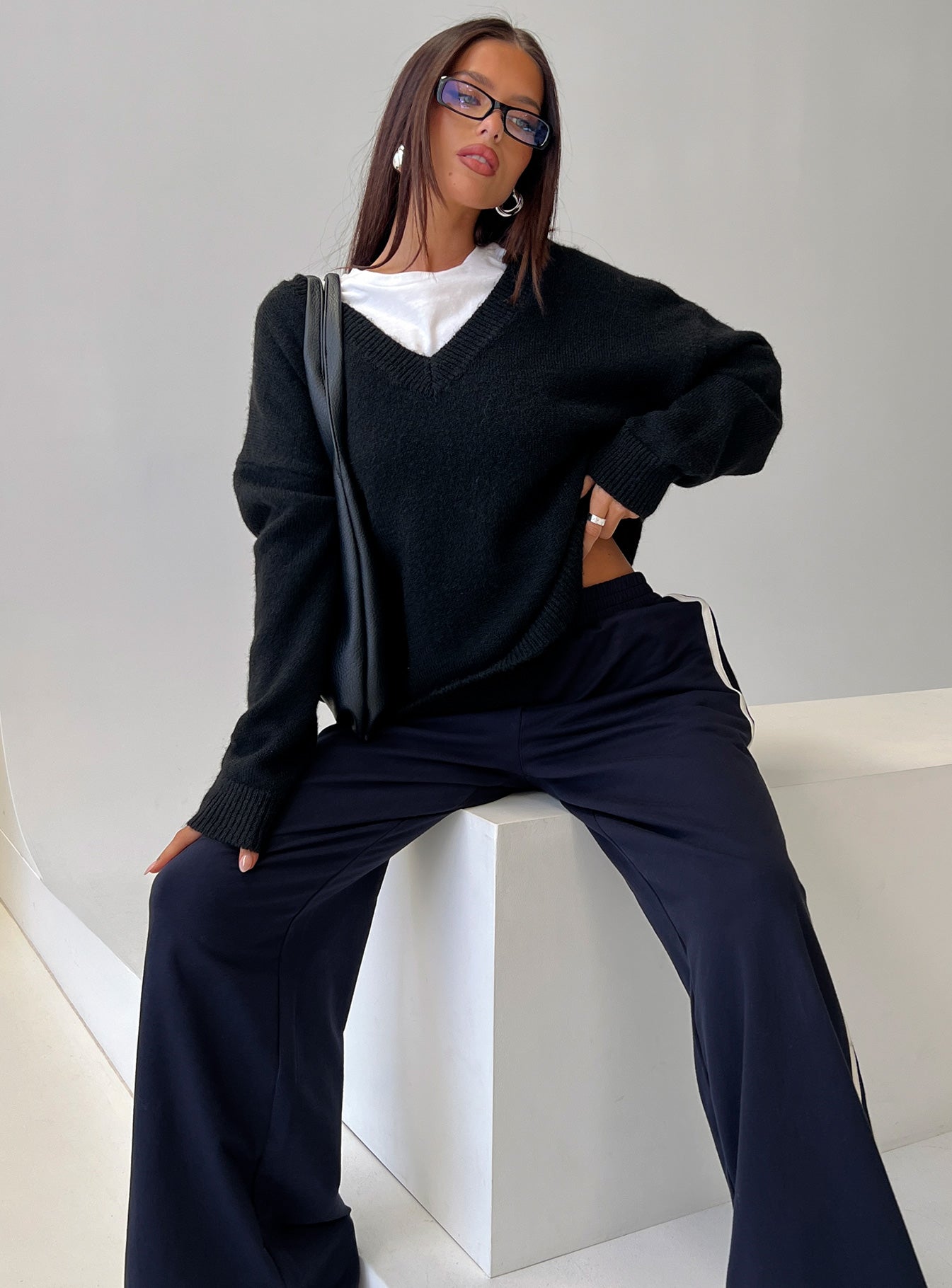 Stay The Night V Neck Knit Sweater Black - Image 7