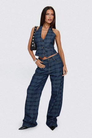 Top Model Low Rise Straight Leg Jeans Indigo Plaid