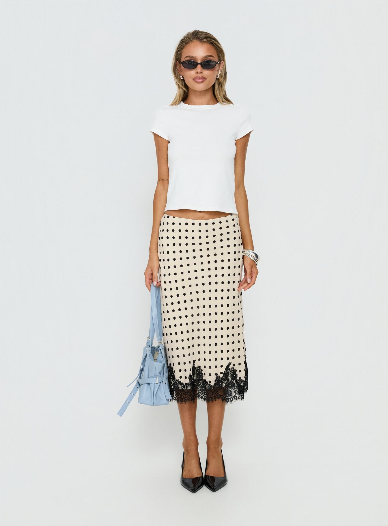 Downtown Scene Lace Trim Maxi Skirt Cream Polka - Image 8