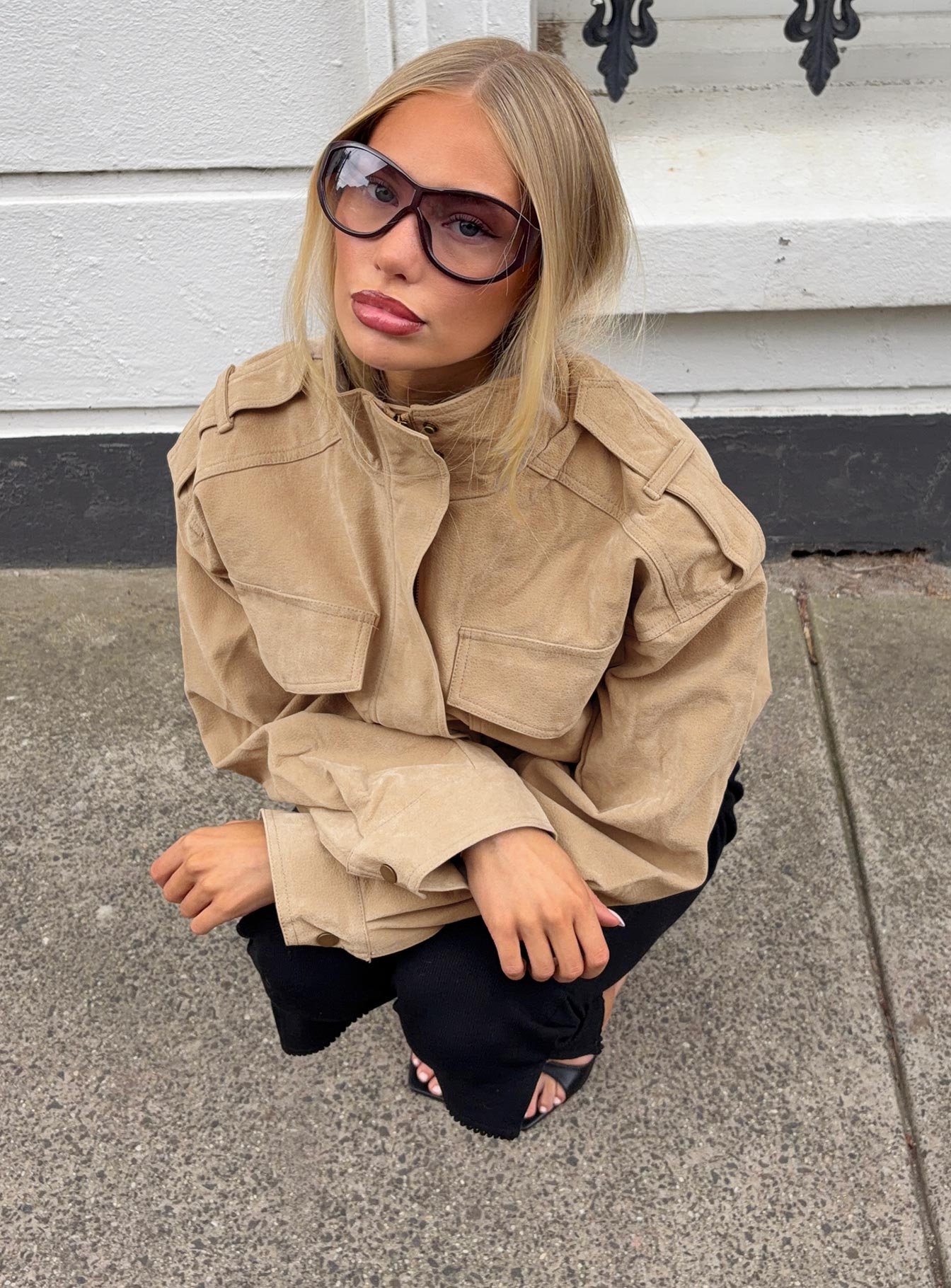 Double Life Funnel Neck Cargo Jacket Beige - Image 10