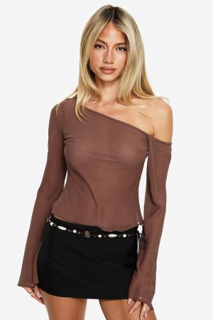 Nivara Chiffon One Shoulder Long Sleeve Top Mocha