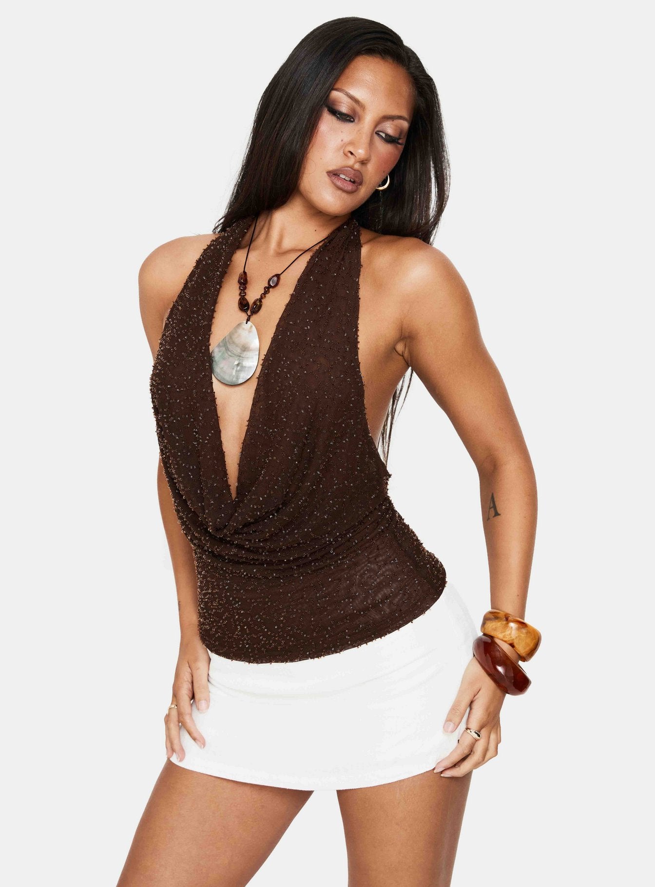 Auralie Plunge Neck Halter Top Brown - Image 8
